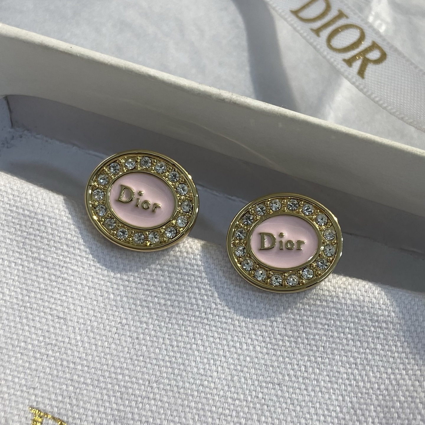 Dior Dior Logo Oval Stud Earrings earrings gold-tone metal light pink enamel clear crystal accents 1 2cm diameter