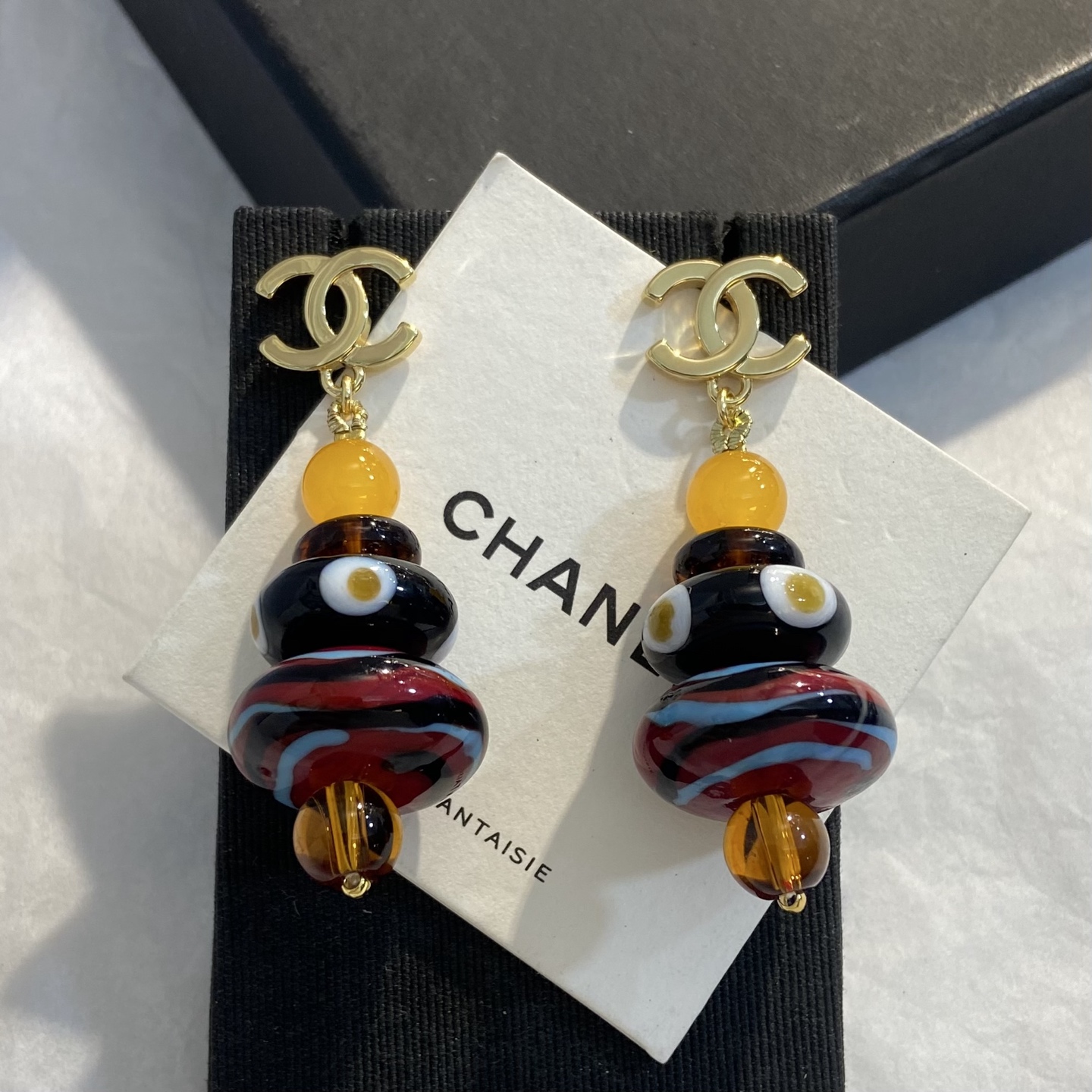 Chanel CC Logo Stacked Resin Bead Drop Earrings earrings Gold-tone metal with yellow tortoiseshell brown black red light blue amber resin beads 6cm drop length