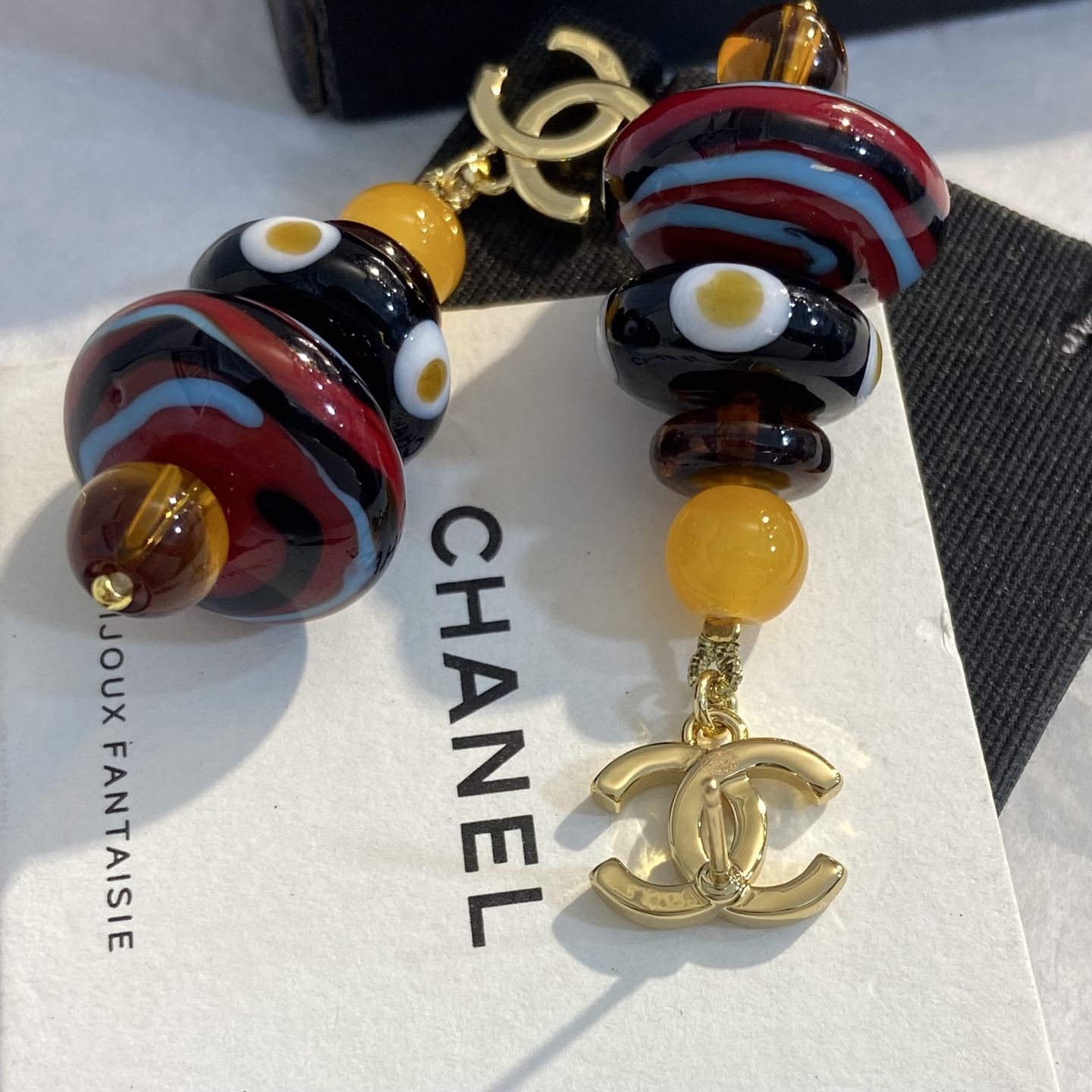 Chanel CC Logo Stacked Resin Bead Drop Earrings earrings Gold-tone metal with yellow tortoiseshell brown black red light blue amber resin beads 6cm drop length