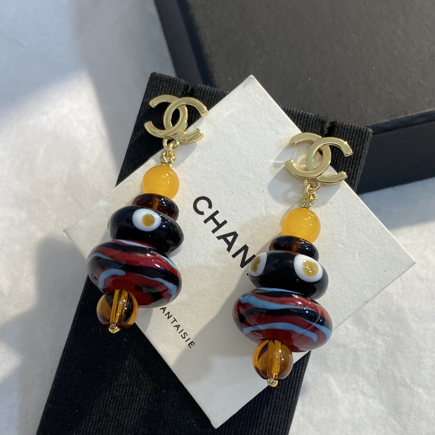 Chanel CC Logo Stacked Resin Bead Drop Earrings earrings Gold-tone metal with yellow tortoiseshell brown black red light blue amber resin beads 6cm drop length