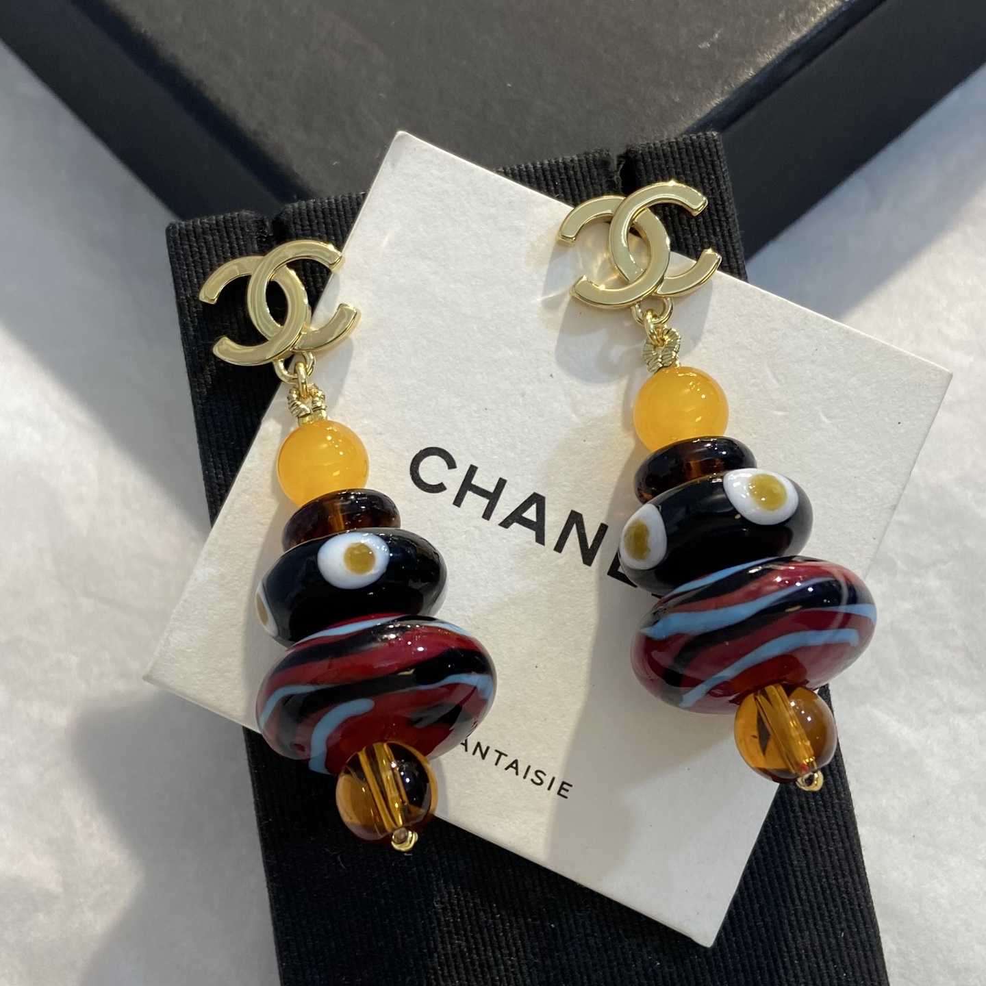 Chanel CC Logo Stacked Resin Bead Drop Earrings earrings Gold-tone metal with yellow tortoiseshell brown black red light blue amber resin beads 6cm drop length