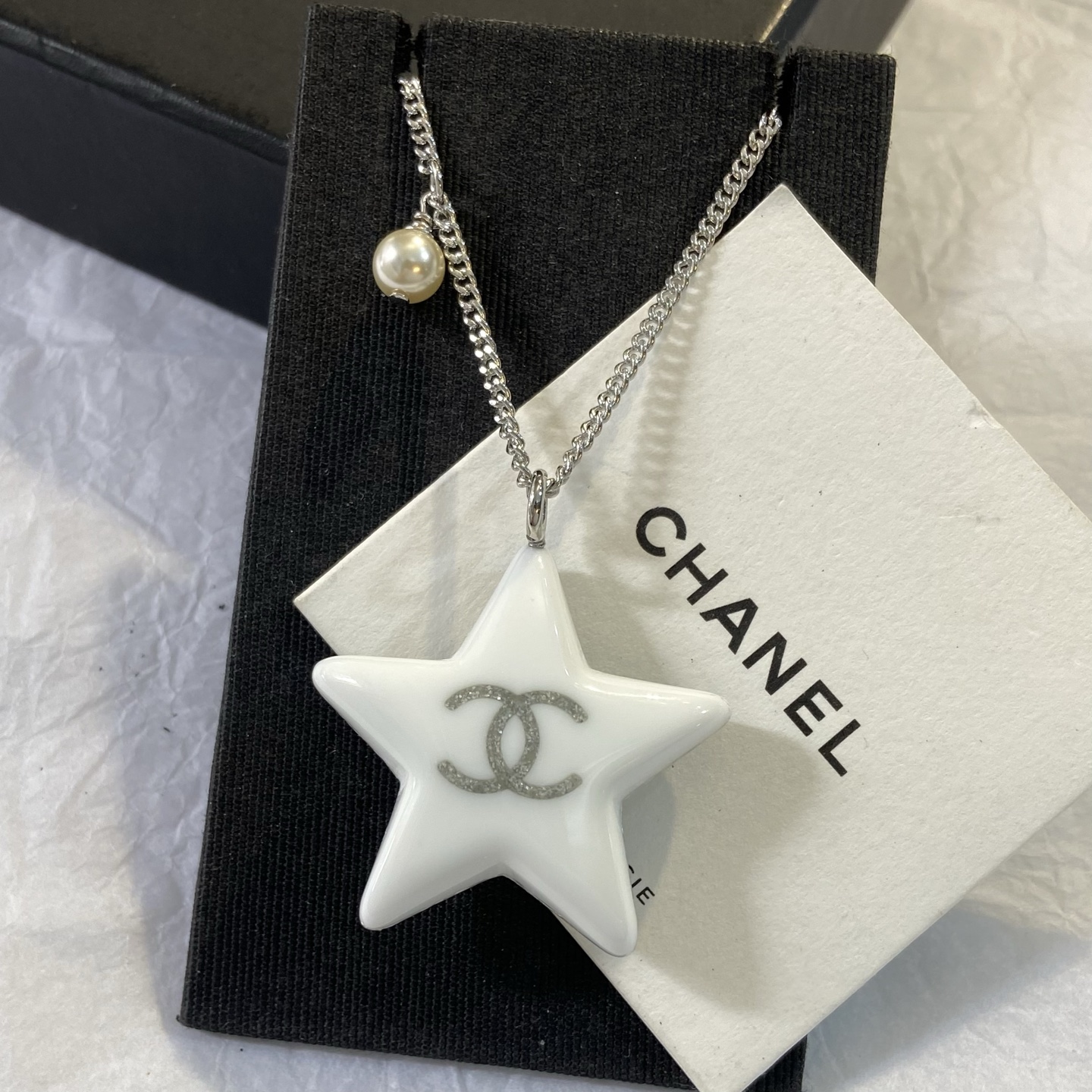 Chanel CC Star Pendant Necklace necklace Silver-tone metal clear resin with silver glitter white enamel CC logo white faux pearl 60cm