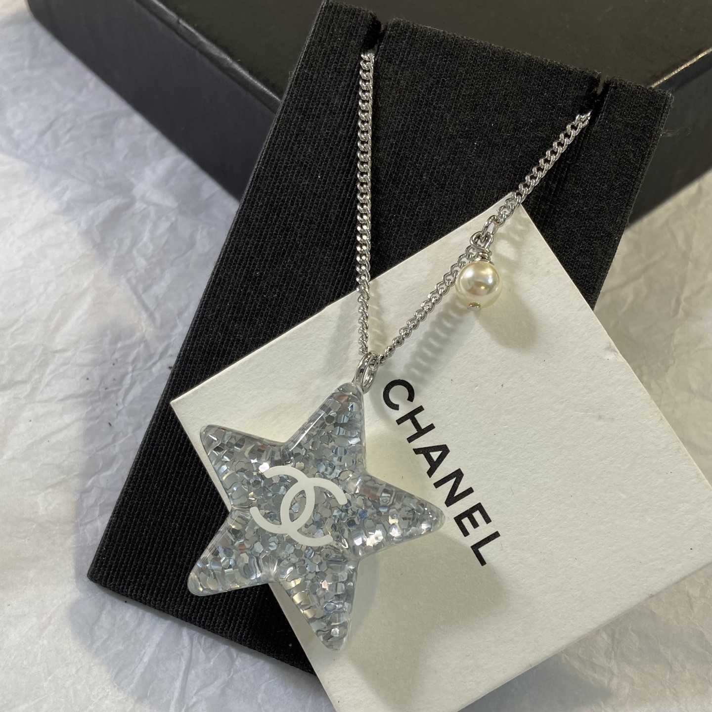 Chanel CC Star Pendant Necklace necklace Silver-tone metal clear resin with silver glitter white enamel CC logo white faux pearl 60cm