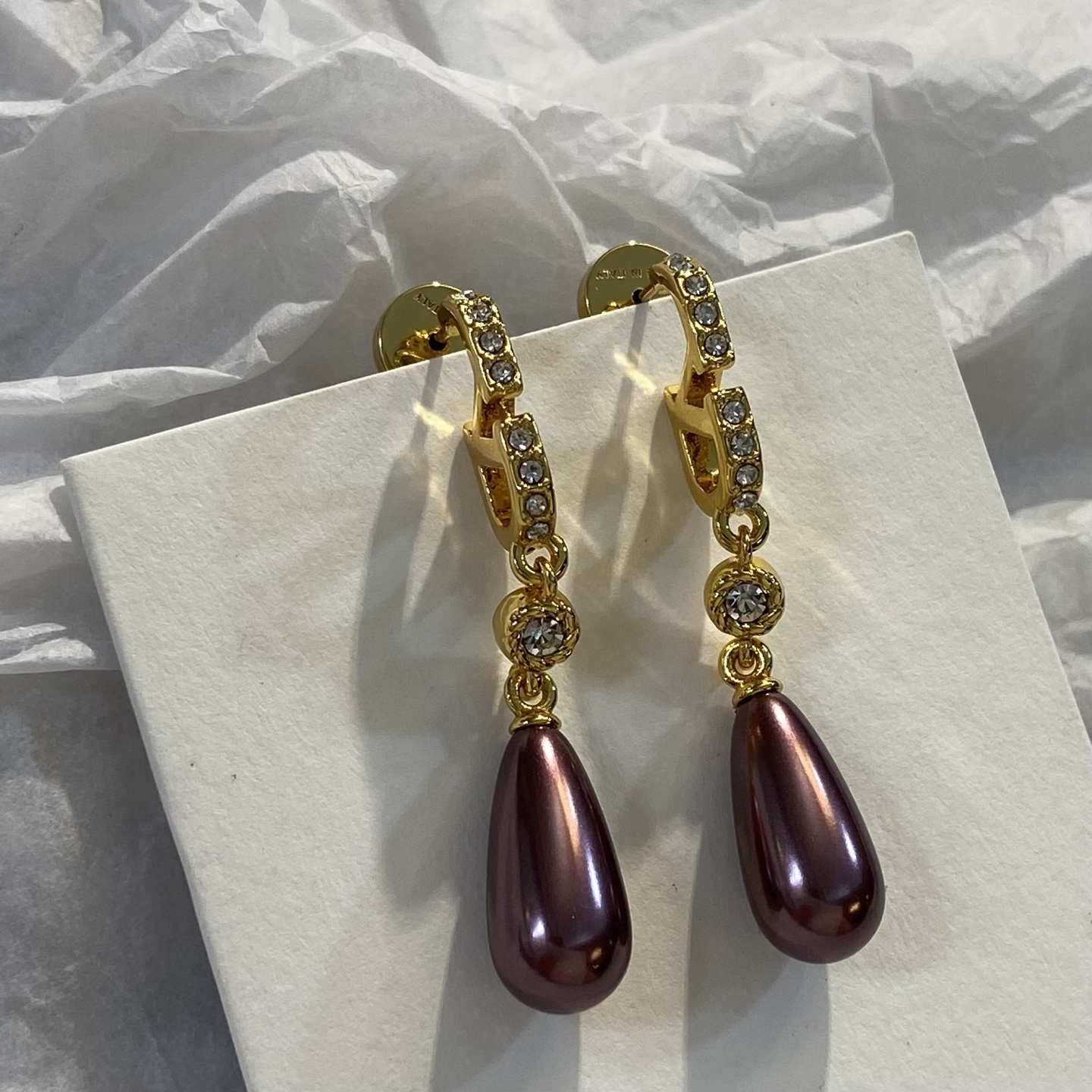 Dior CD Logo Teardrop Pearl Drop Earrings earrings gold-tone metal clear crystal accents burgundy teardrop pearl 4 5cm drop length