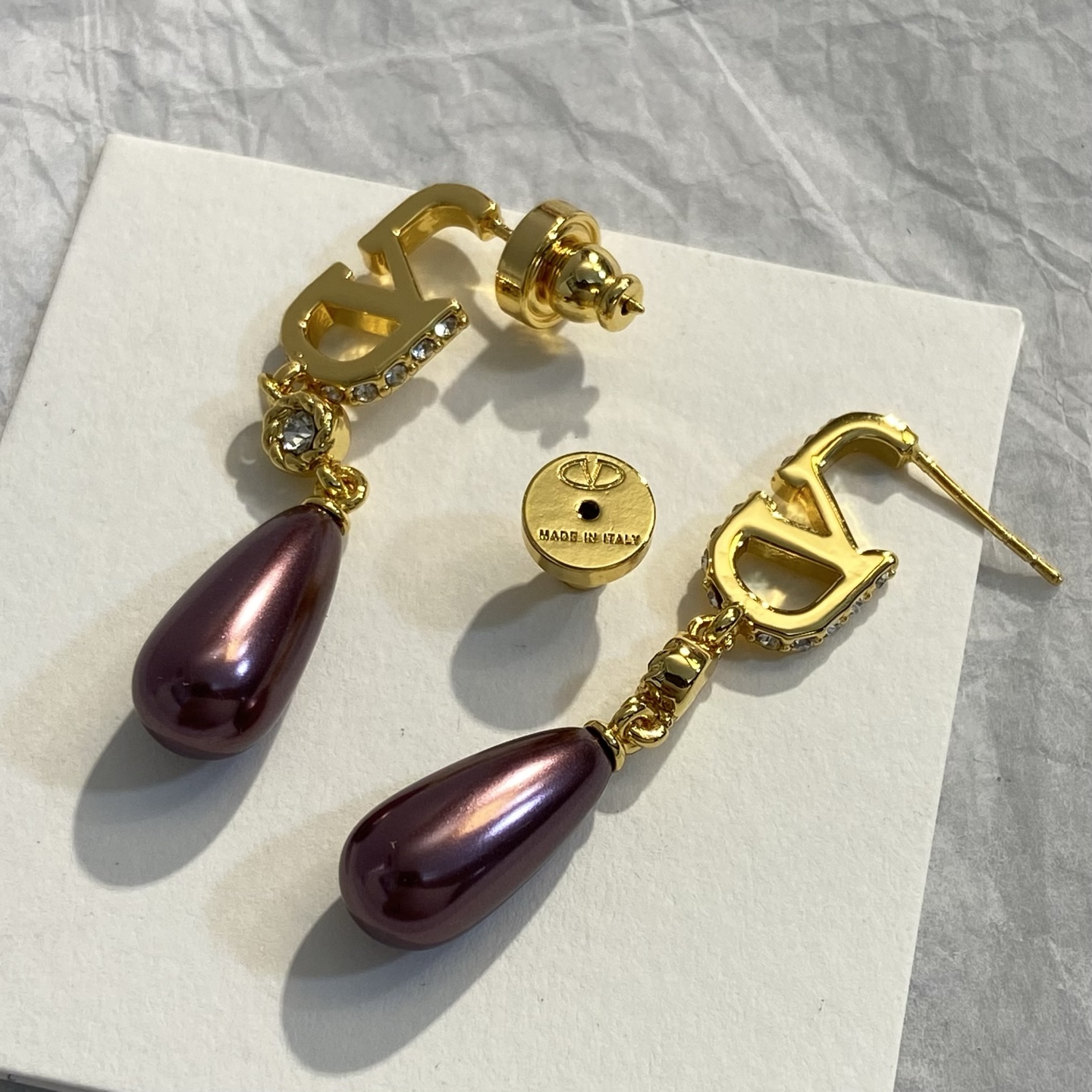Dior CD Logo Teardrop Pearl Drop Earrings earrings gold-tone metal clear crystal accents burgundy teardrop pearl 4 5cm drop length