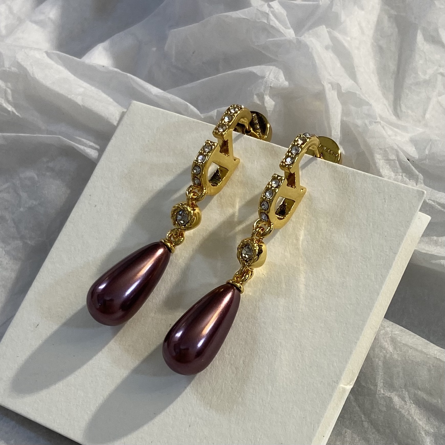 Dior CD Logo Teardrop Pearl Drop Earrings earrings gold-tone metal clear crystal accents burgundy teardrop pearl 4 5cm drop length