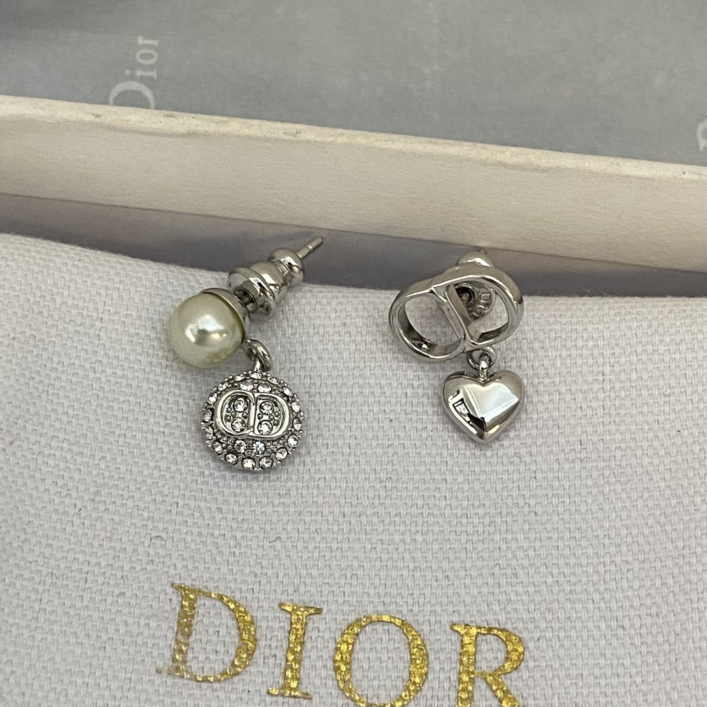 Dior CD Logo Mismatched Drop Earrings earrings Gold-tone metal with white faux pearl and clear crystal accents 1 5cm drop length