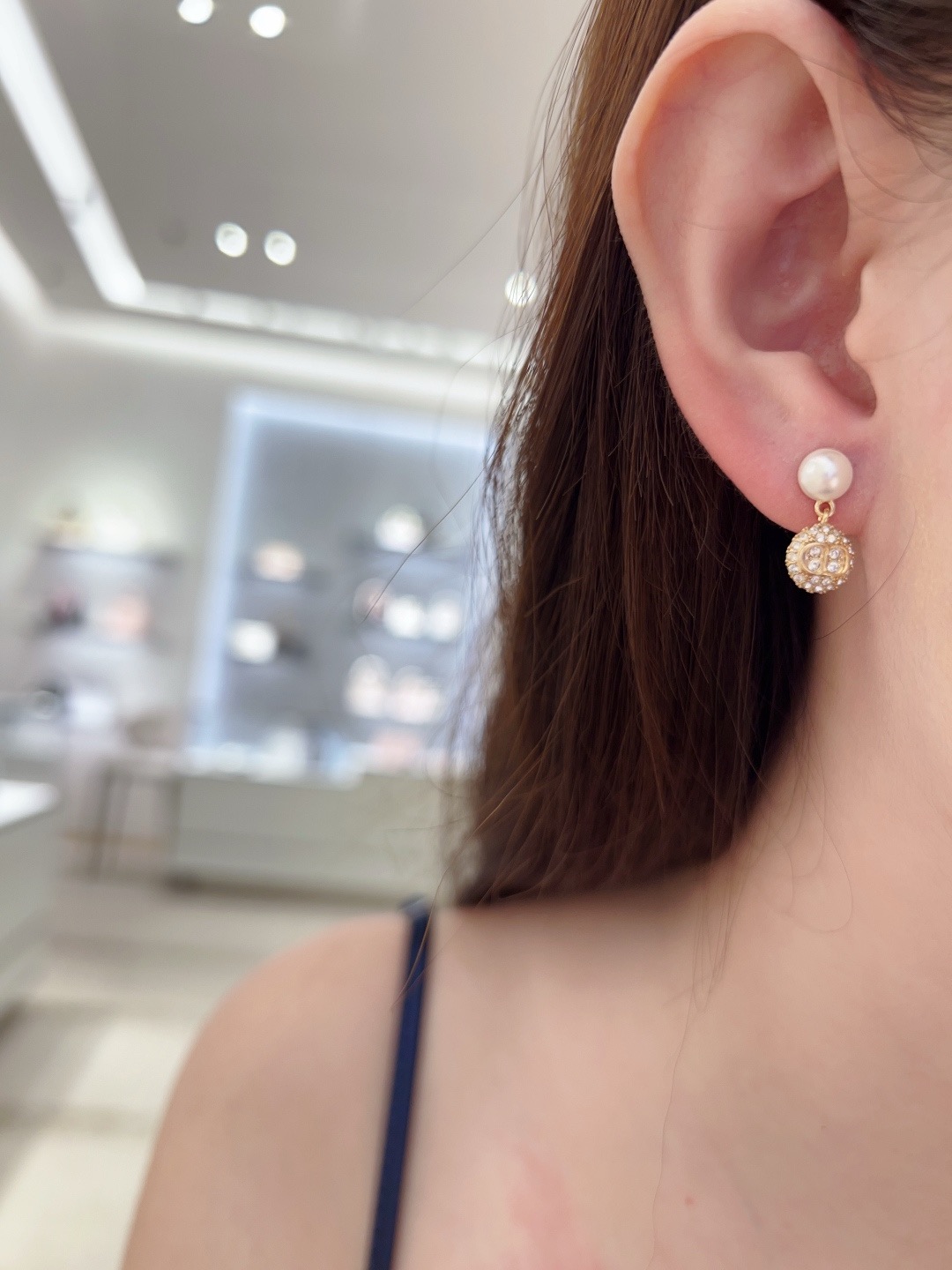 Dior CD Logo Mismatched Drop Earrings earrings Gold-tone metal with white faux pearl and clear crystal accents 1 5cm drop length