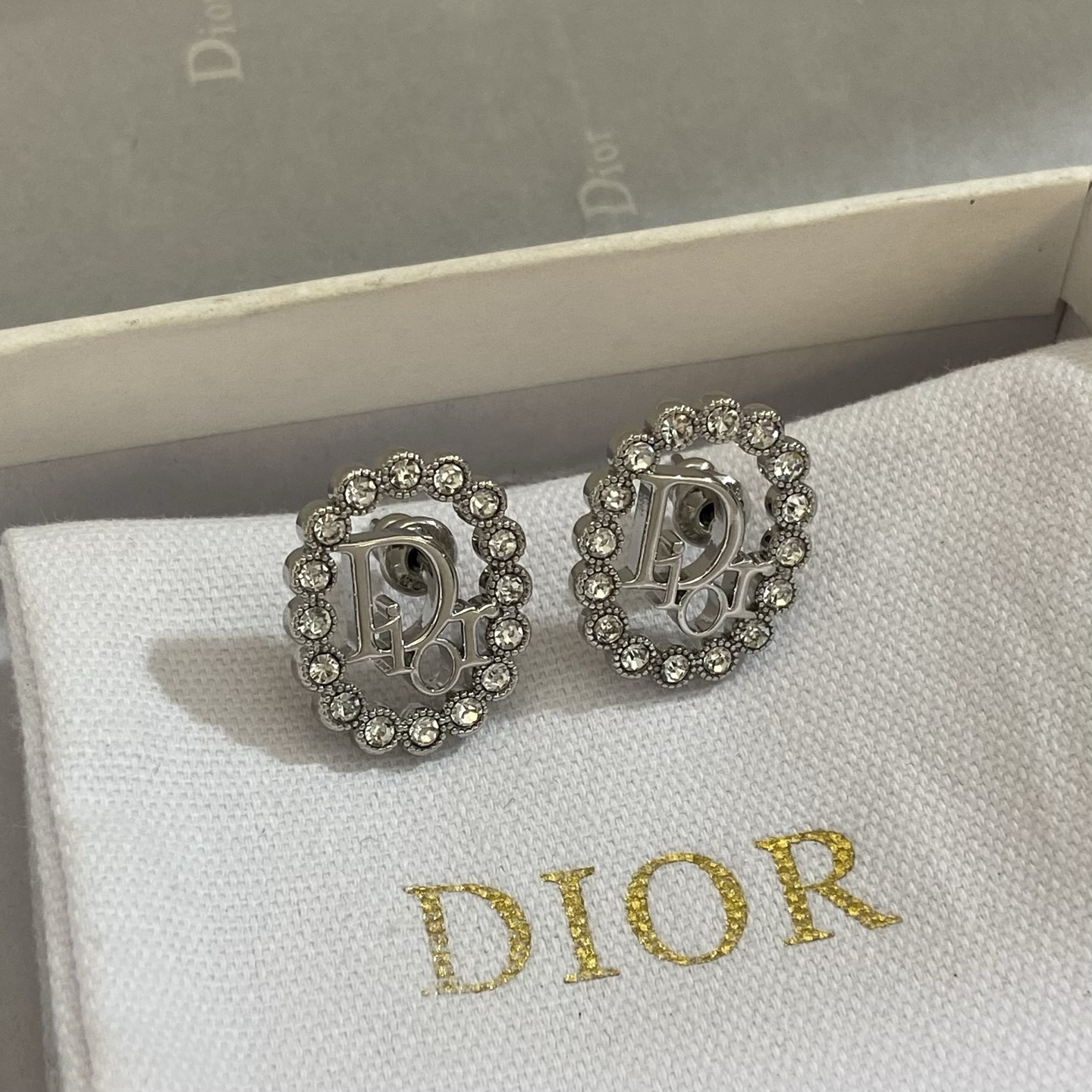 Dior Clair D Lune earrings silver-toned metal with clear crystal accents 1 2cm diameter