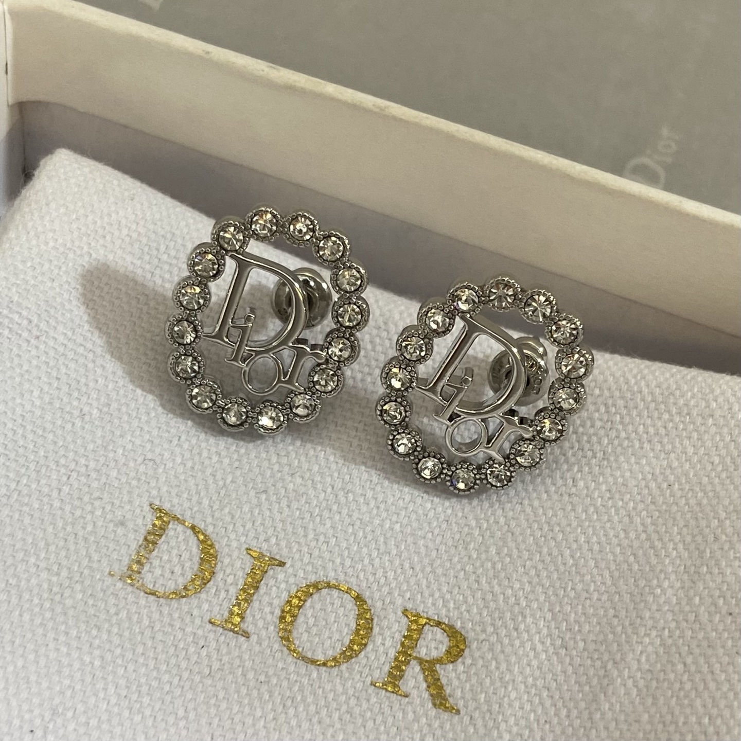 Dior Clair D Lune earrings silver-toned metal with clear crystal accents 1 2cm diameter