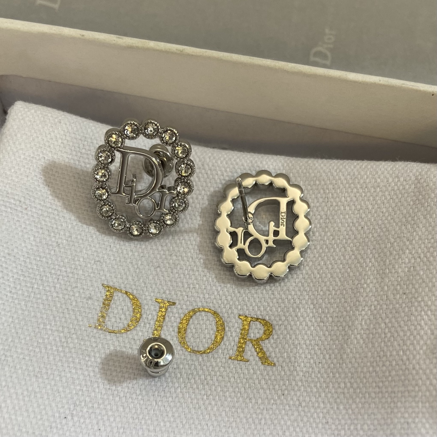 Dior Clair D Lune earrings silver-toned metal with clear crystal accents 1 2cm diameter
