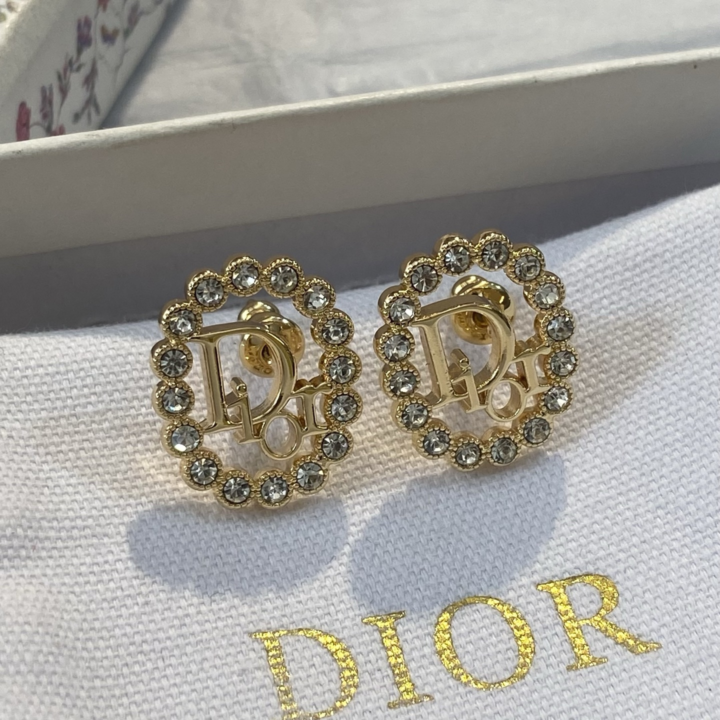 Dior Clair D Lune earrings gold-tone metal with clear crystal accents 1 8cm diameter