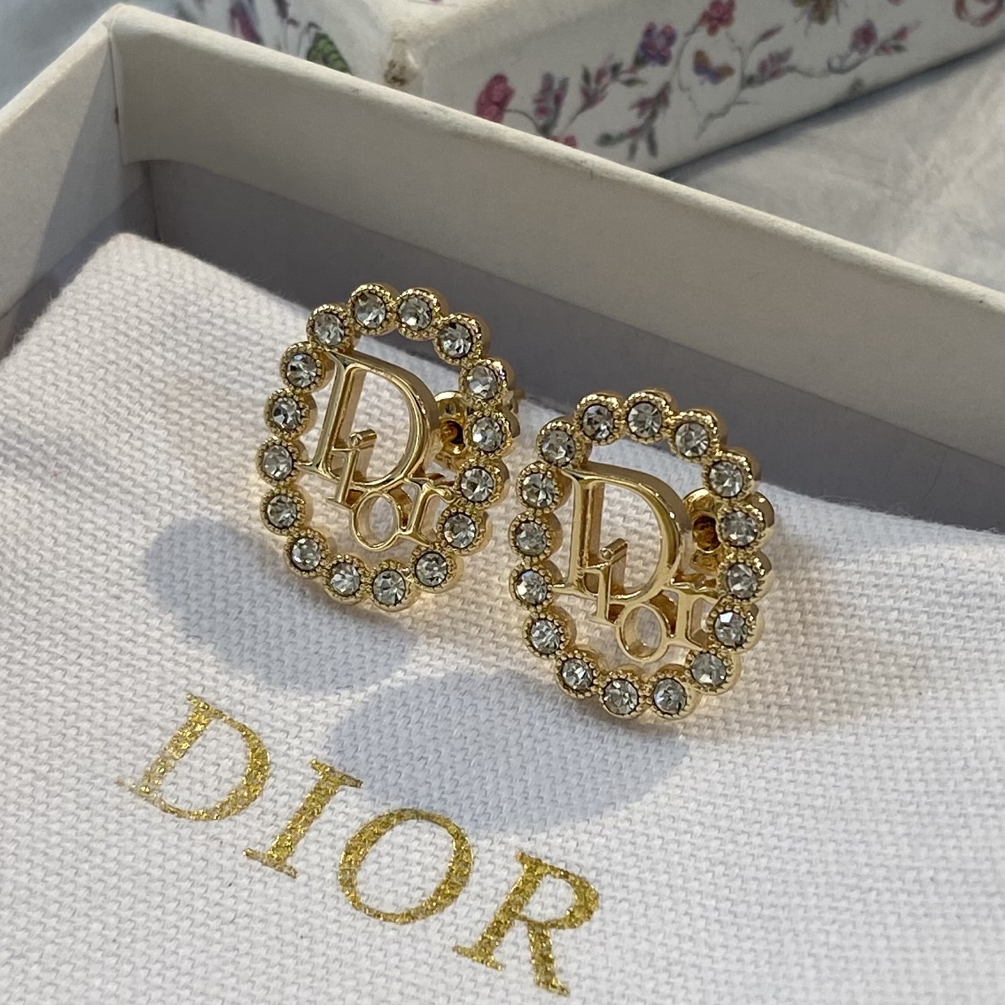 Dior Clair D Lune earrings gold-tone metal with clear crystal accents 1 8cm diameter