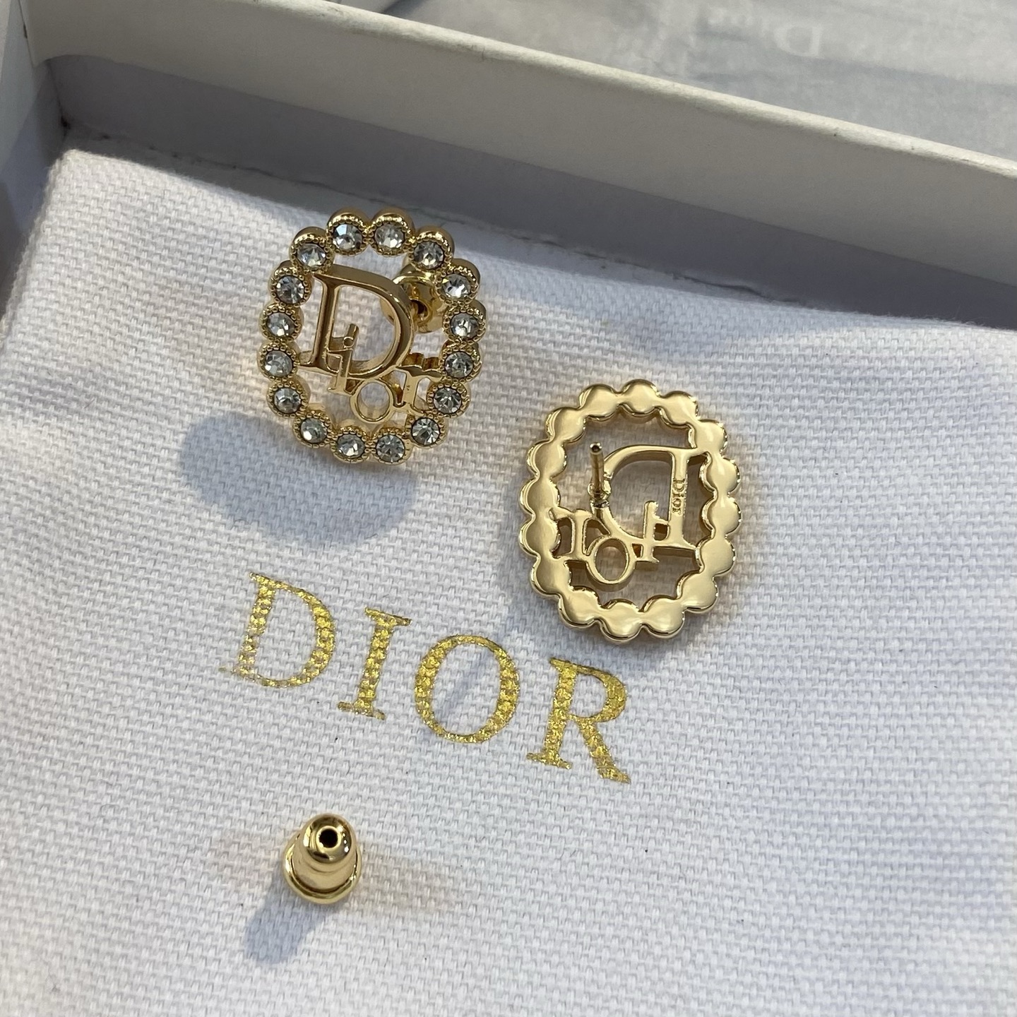 Dior Clair D Lune earrings gold-tone metal with clear crystal accents 1 8cm diameter