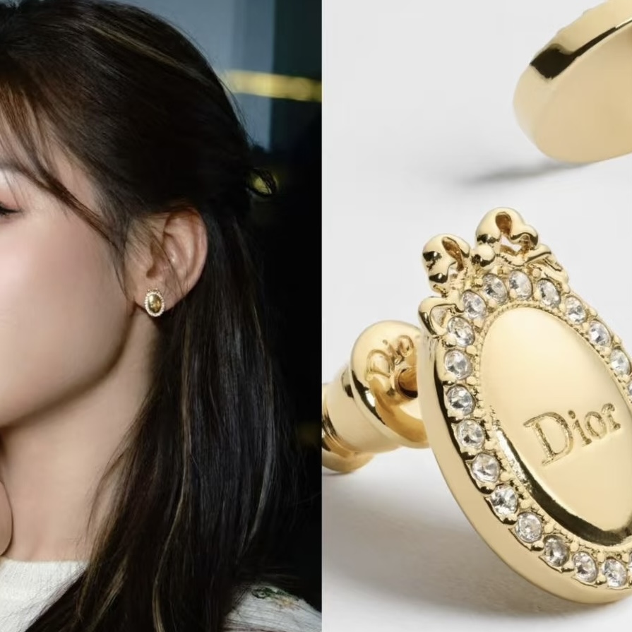 Dior Oval Logo Bow Crystal Stud Earrings earrings gold-tone metal with clear crystal accents 1 5cm length