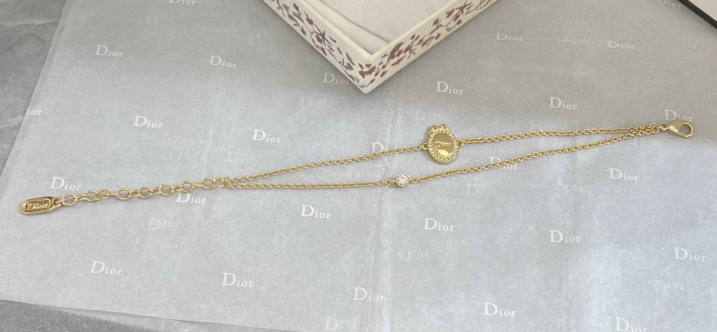 Dior Oval Logo Crystal Double Chain bracelet gold-tone metal with clear crystal accents 16cm with 3cm extender