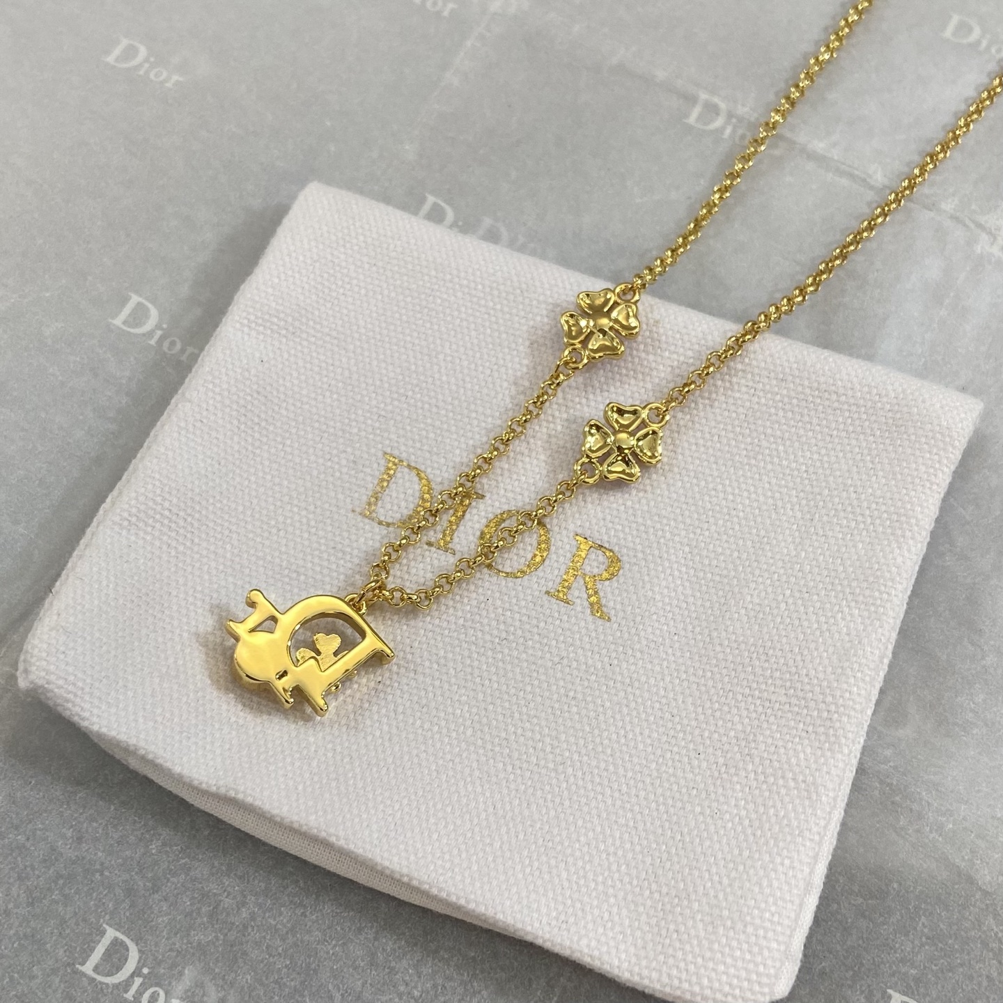 Dior Di OR small flower necklace gold-tone metal with light pink enamel flowers and clear crystal accents 42cm with 5cm extender