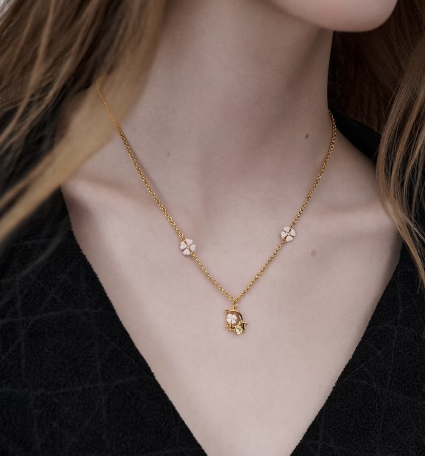 Dior Di OR small flower necklace gold-tone metal with light pink enamel flowers and clear crystal accents 42cm with 5cm extender