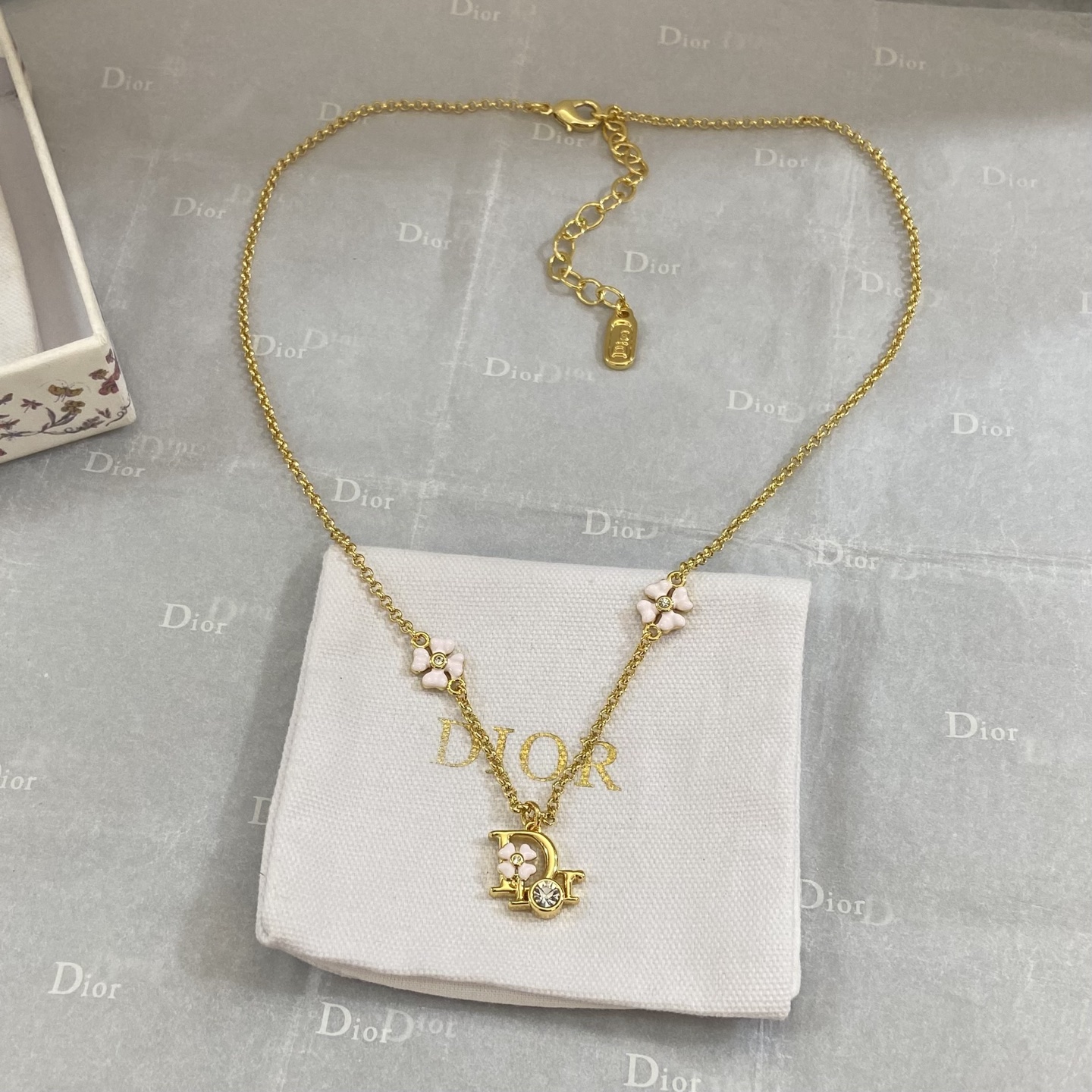 Dior Di OR small flower necklace gold-tone metal with light pink enamel flowers and clear crystal accents 42cm with 5cm extender