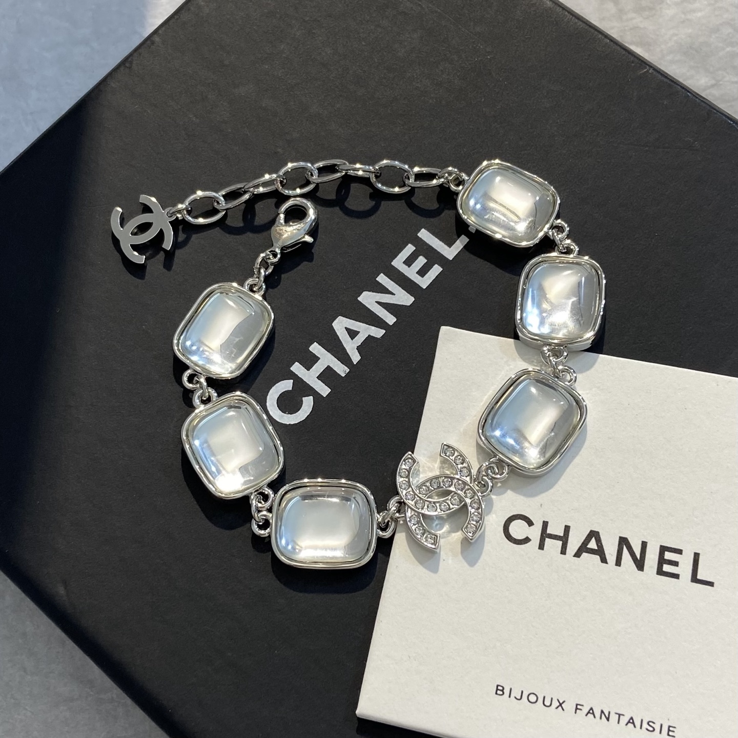 Chanel Crystal Sugar Cube CC Bracelet bracelet Silver-toned metal with clear cabochon resin and clear crystal accents 18cm