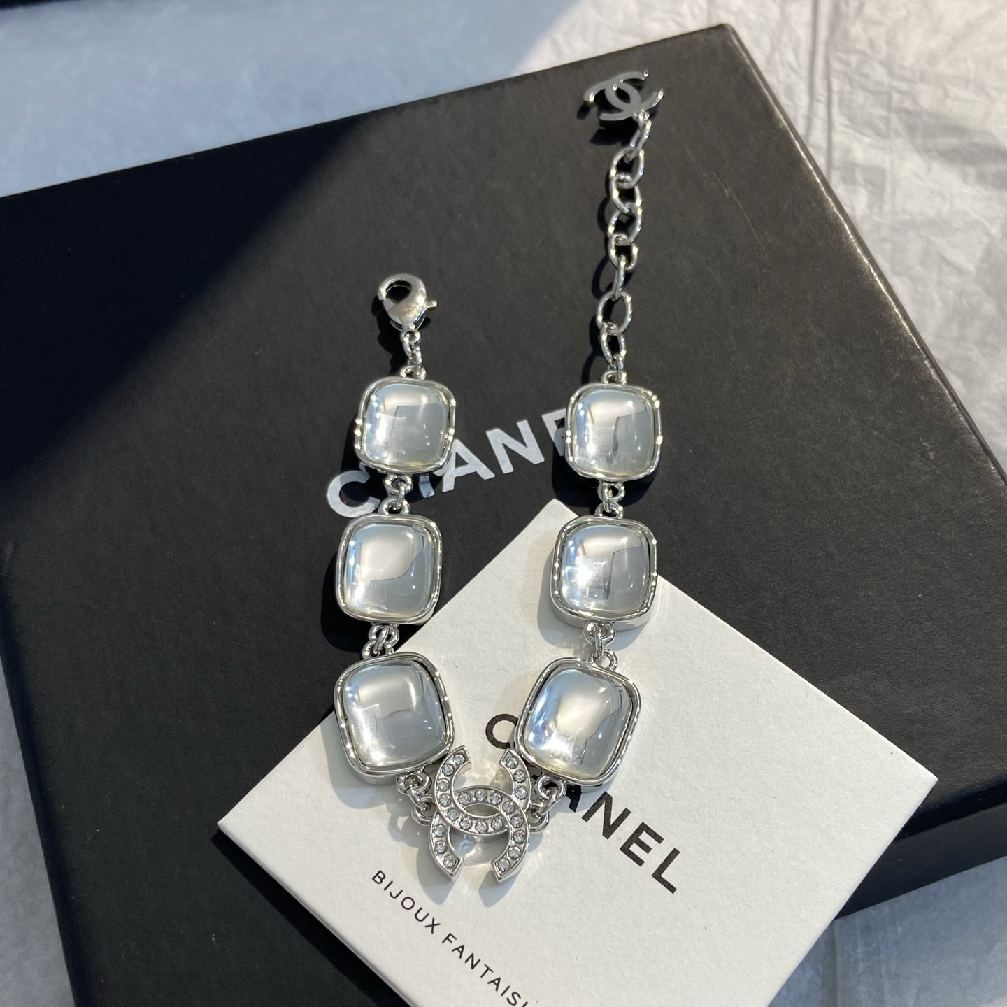 Chanel Crystal Sugar Cube CC Bracelet bracelet Silver-toned metal with clear cabochon resin and clear crystal accents 18cm