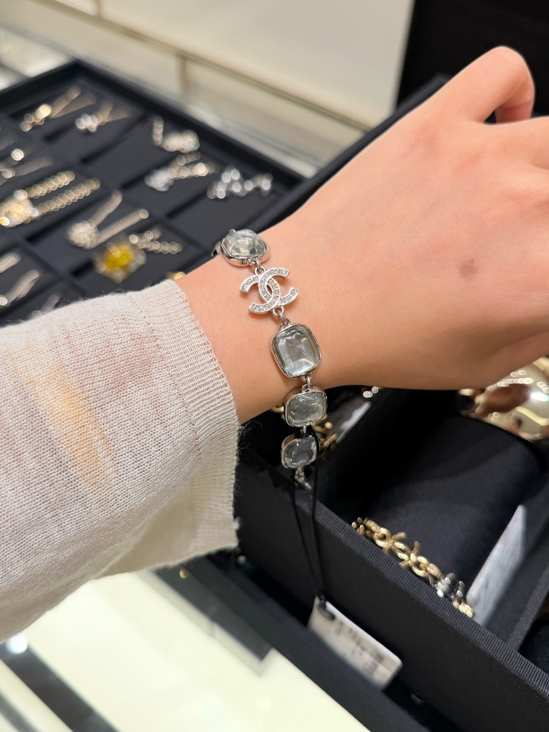 Chanel Crystal Sugar Cube CC Bracelet bracelet Silver-toned metal with clear cabochon resin and clear crystal accents 18cm