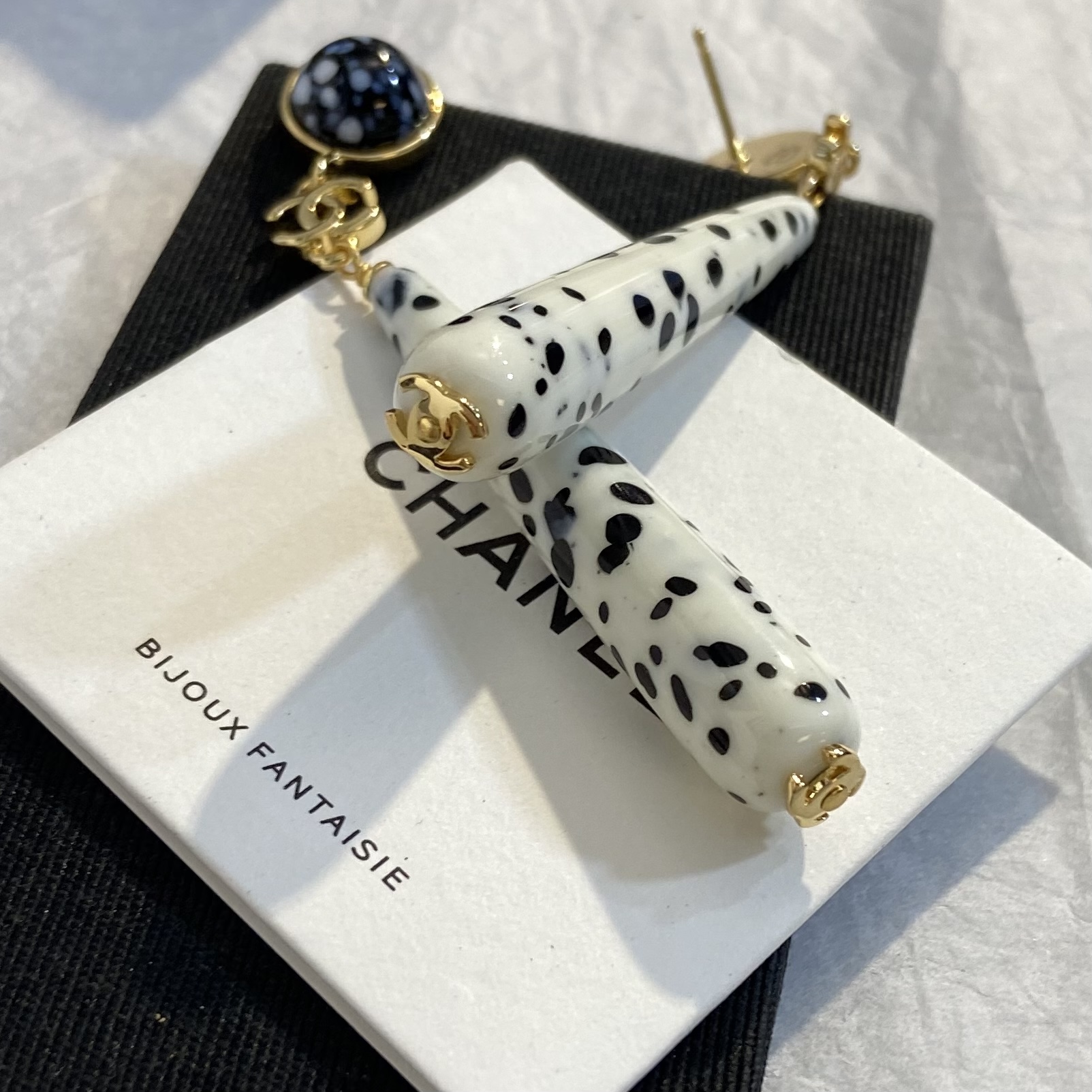 Chanel CC Logo Dalmatian Spot Long Drop Earrings earrings Gold tone metal cream white resin with black spots blue and black speckled cabochon stones 7cm total drop length