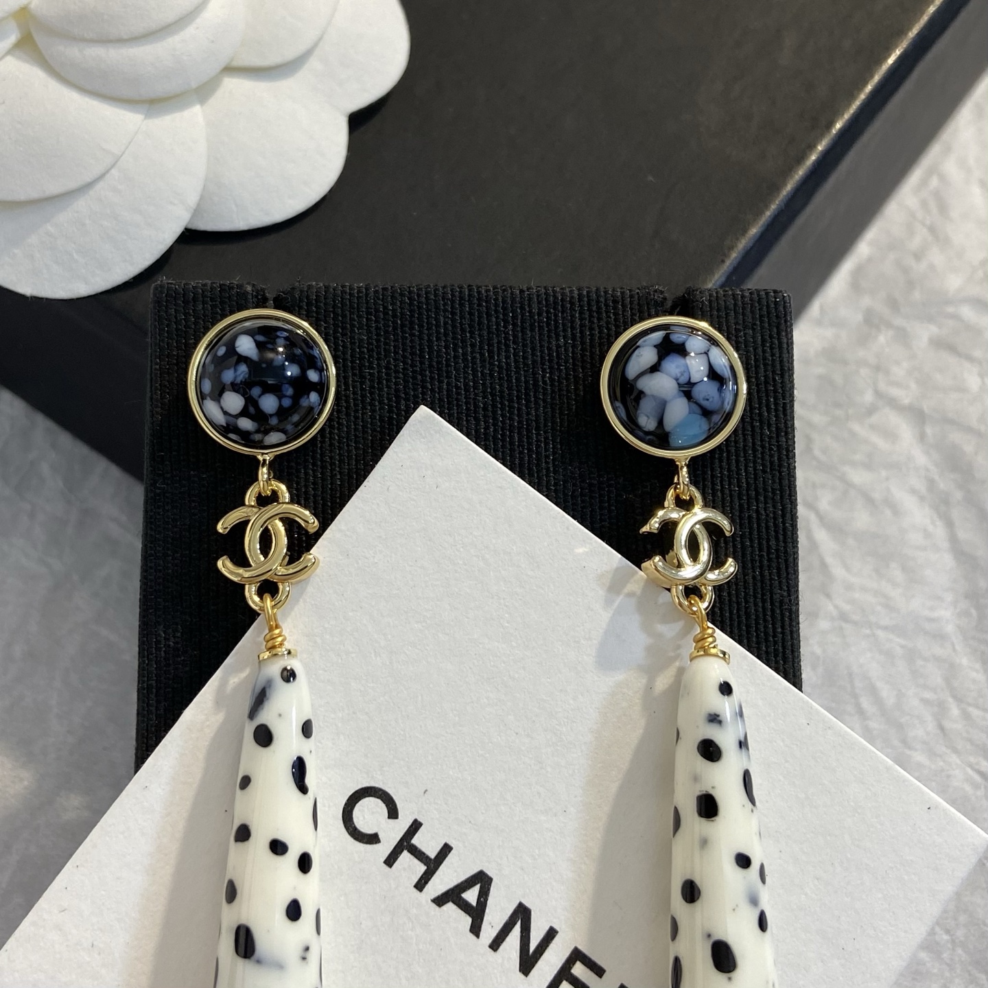 Chanel CC Logo Dalmatian Spot Long Drop Earrings earrings Gold tone metal cream white resin with black spots blue and black speckled cabochon stones 7cm total drop length