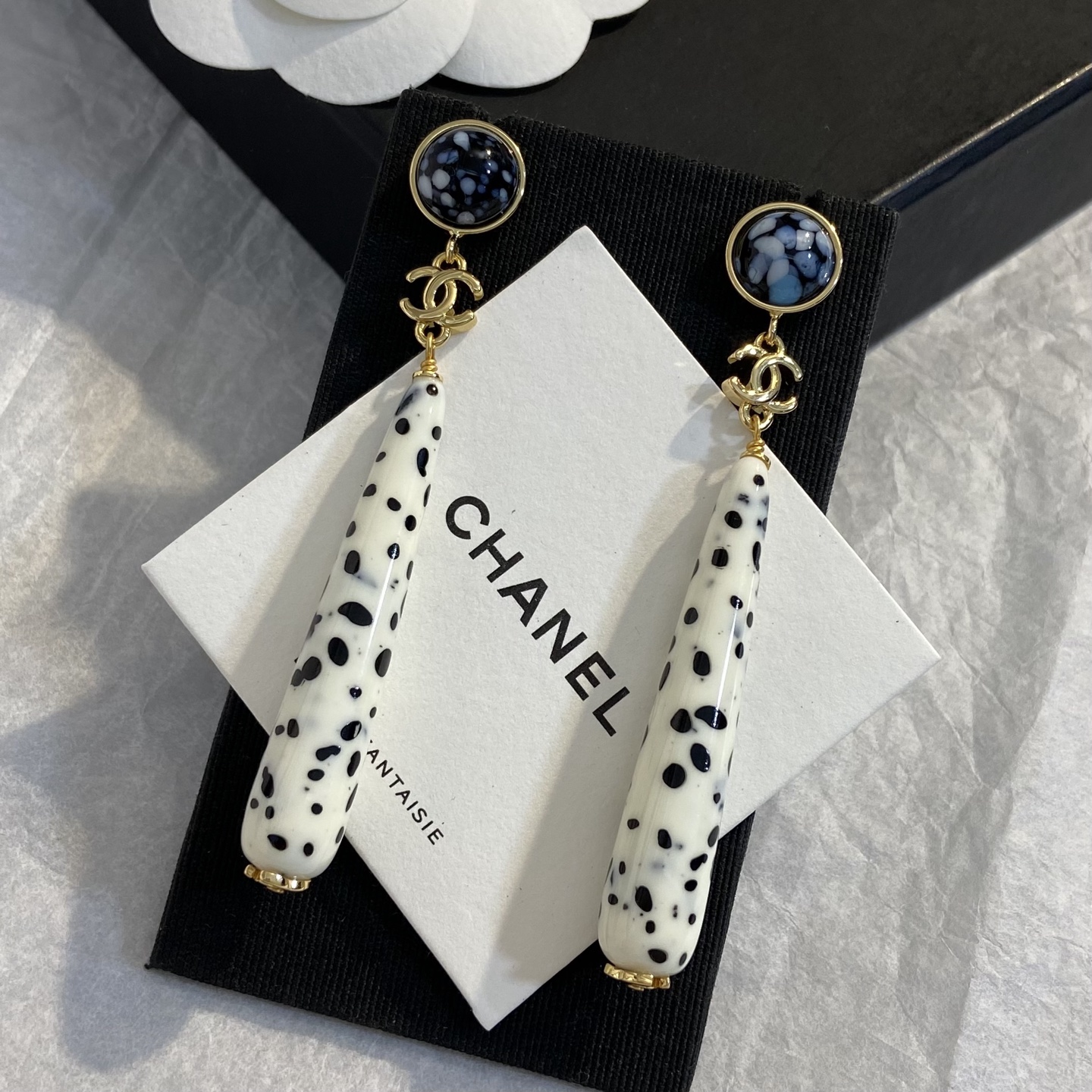 Chanel CC Logo Dalmatian Spot Long Drop Earrings earrings Gold tone metal cream white resin with black spots blue and black speckled cabochon stones 7cm total drop length