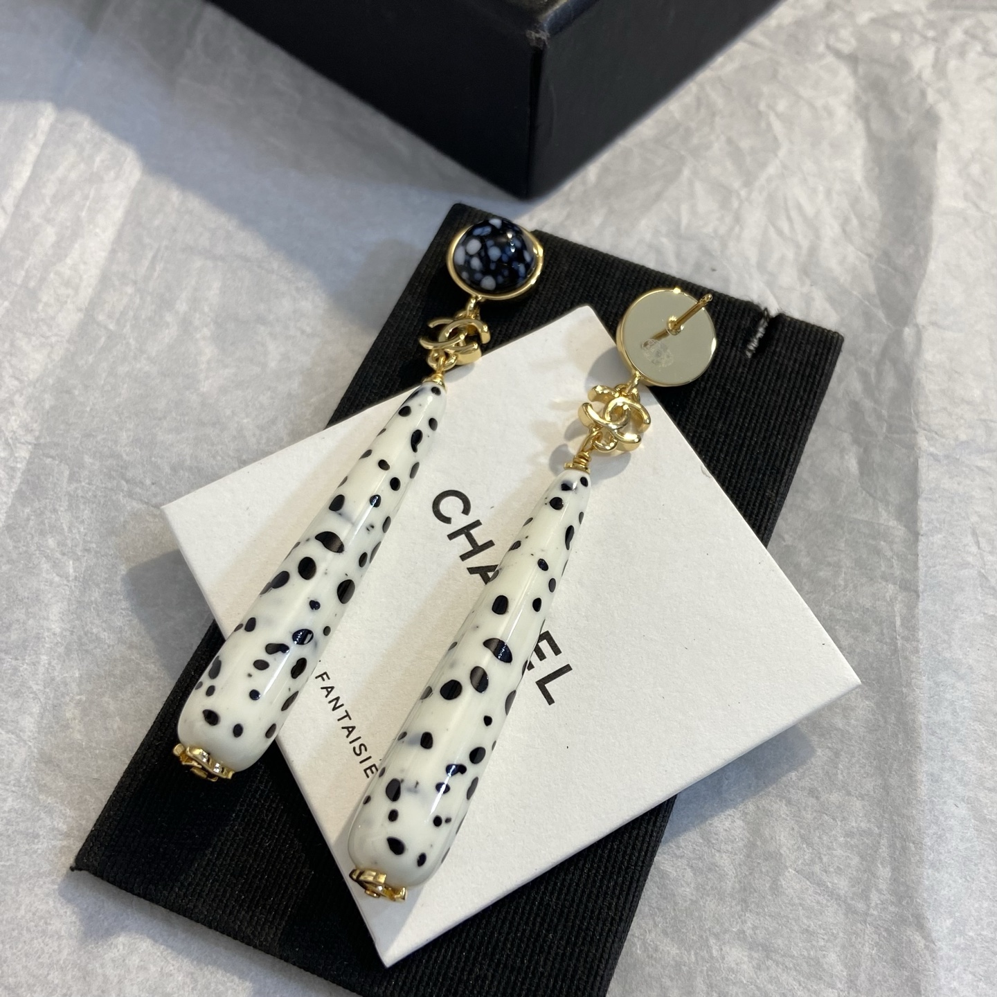 Chanel CC Logo Dalmatian Spot Long Drop Earrings earrings Gold tone metal cream white resin with black spots blue and black speckled cabochon stones 7cm total drop length
