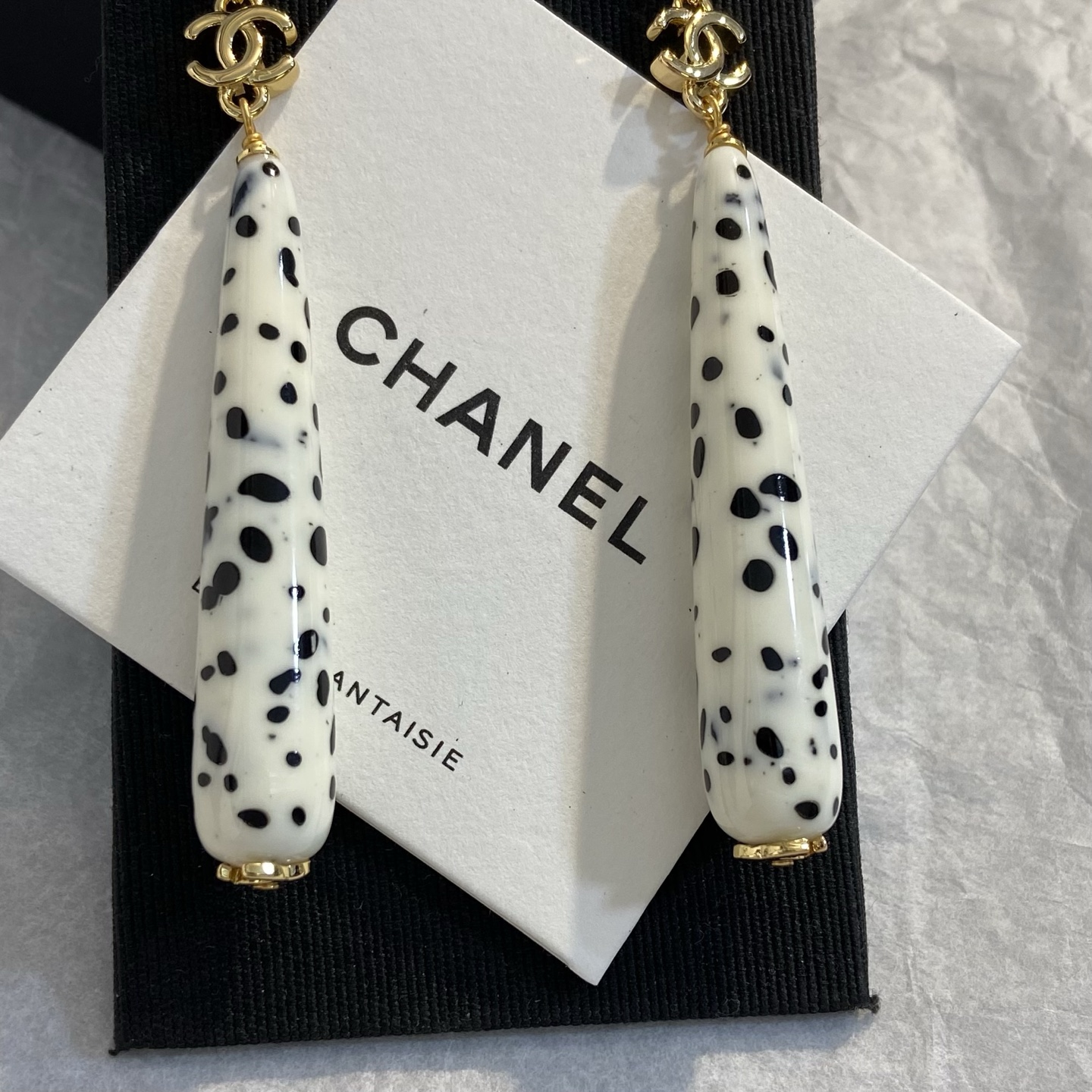 Chanel CC Logo Dalmatian Spot Long Drop Earrings earrings Gold tone metal cream white resin with black spots blue and black speckled cabochon stones 7cm total drop length