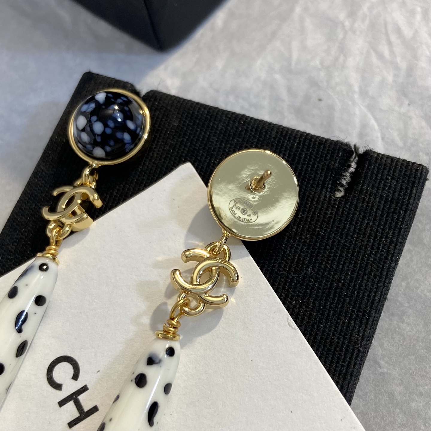 Chanel CC Logo Dalmatian Spot Long Drop Earrings earrings Gold tone metal cream white resin with black spots blue and black speckled cabochon stones 7cm total drop length