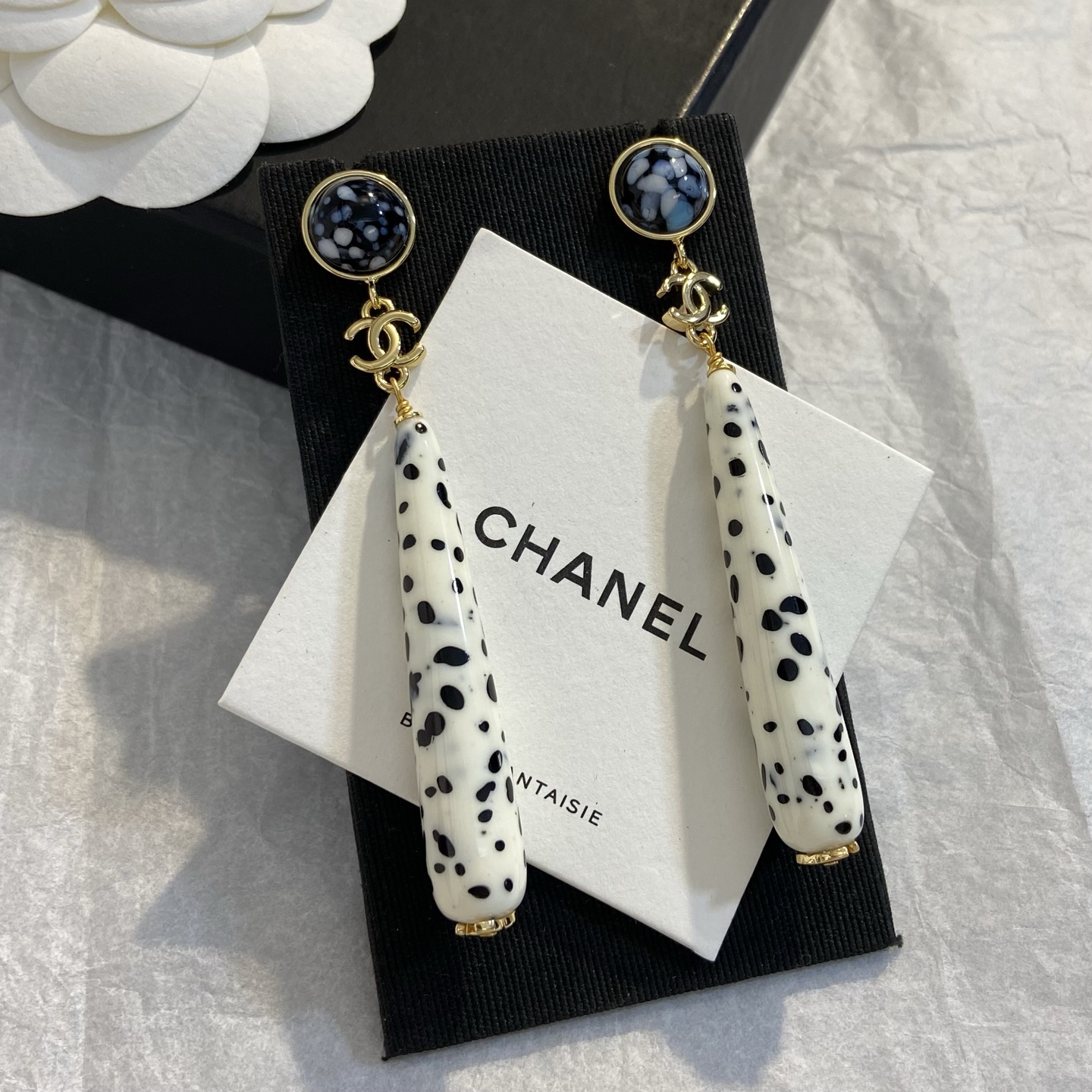 Chanel CC Logo Dalmatian Spot Long Drop Earrings earrings Gold tone metal cream white resin with black spots blue and black speckled cabochon stones 7cm total drop length