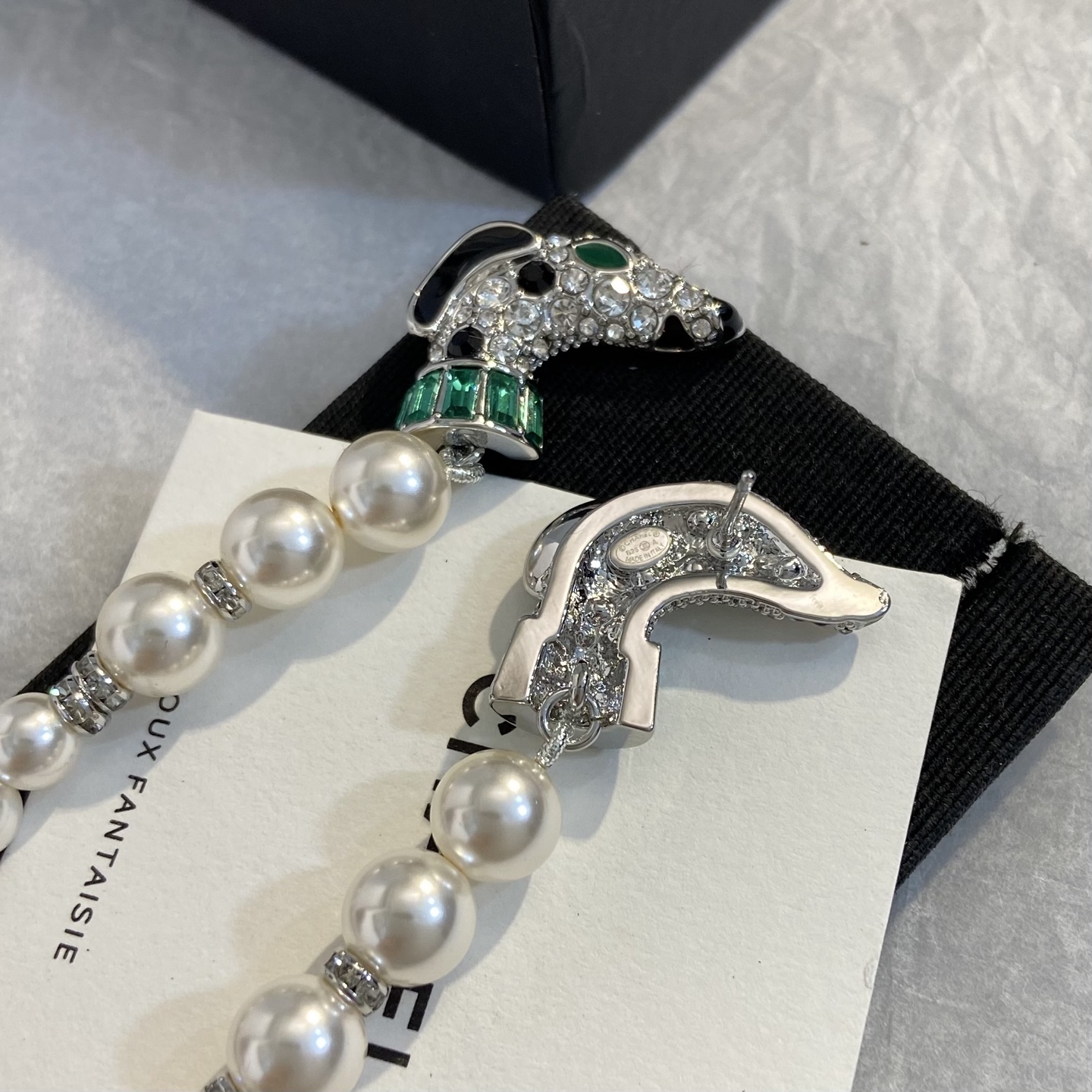 Chanel Dalmatian Long Tassel CC Drop Earrings earrings Silver-tone metal white faux pearls clear crystals green gemstone accents black enamel details Approximately 9cm total drop length