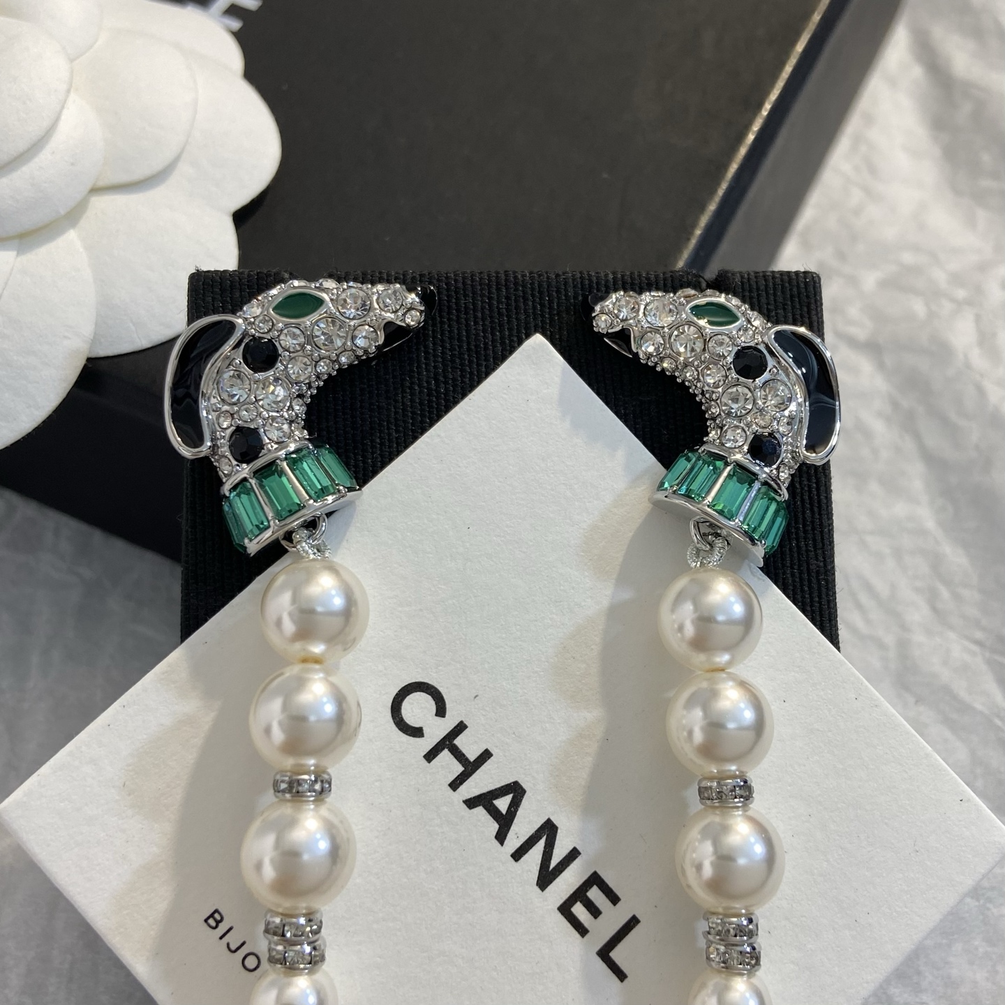 Chanel Dalmatian Long Tassel CC Drop Earrings earrings Silver-tone metal white faux pearls clear crystals green gemstone accents black enamel details Approximately 9cm total drop length