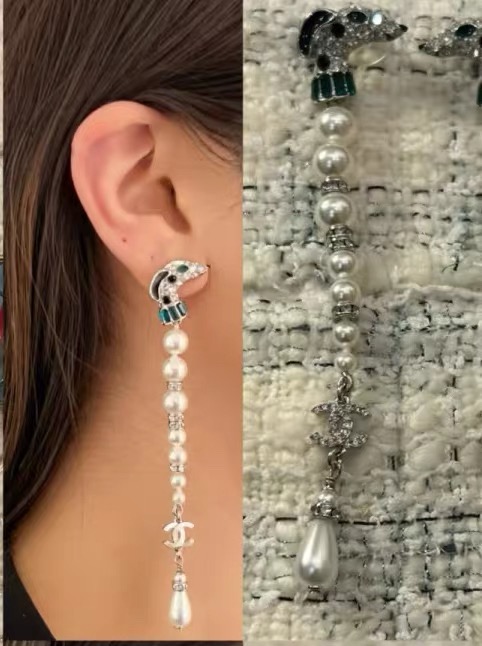 Chanel Dalmatian Long Tassel CC Drop Earrings earrings Silver-tone metal white faux pearls clear crystals green gemstone accents black enamel details Approximately 9cm total drop length