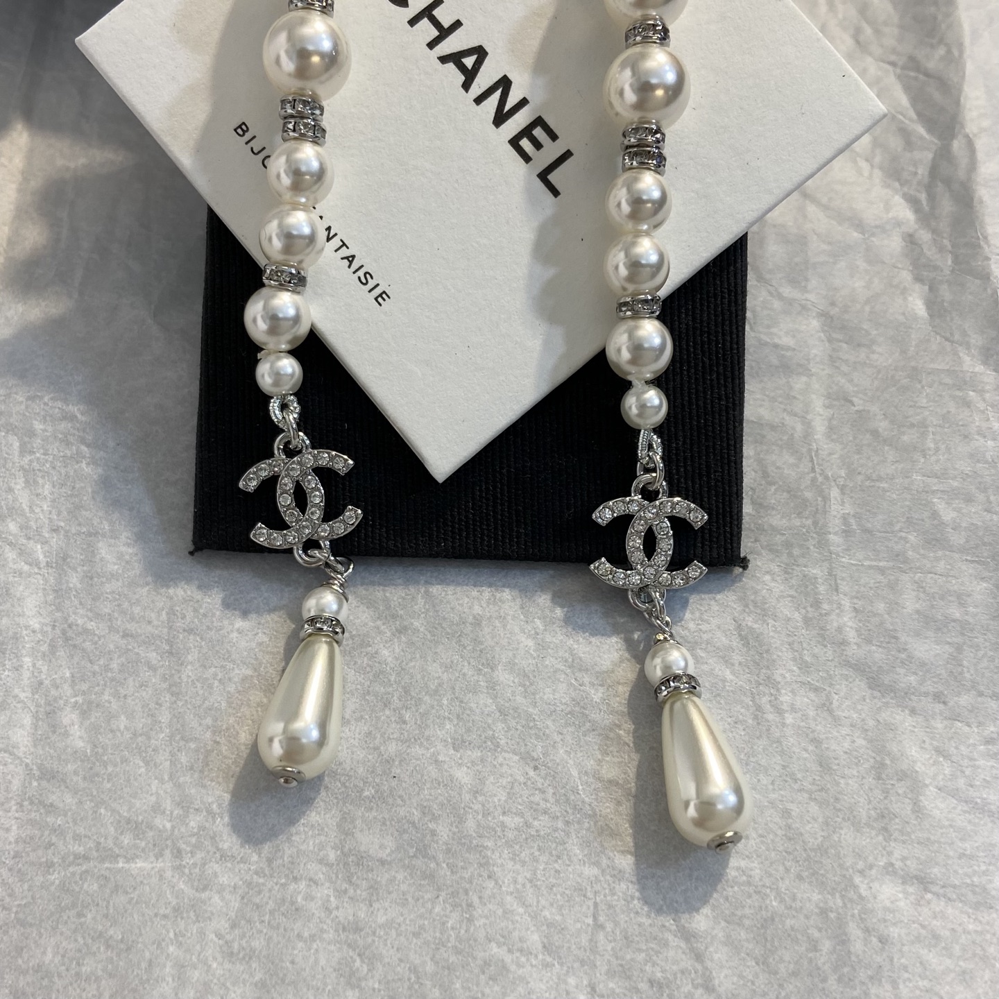 Chanel Dalmatian Long Tassel CC Drop Earrings earrings Silver-tone metal white faux pearls clear crystals green gemstone accents black enamel details Approximately 9cm total drop length
