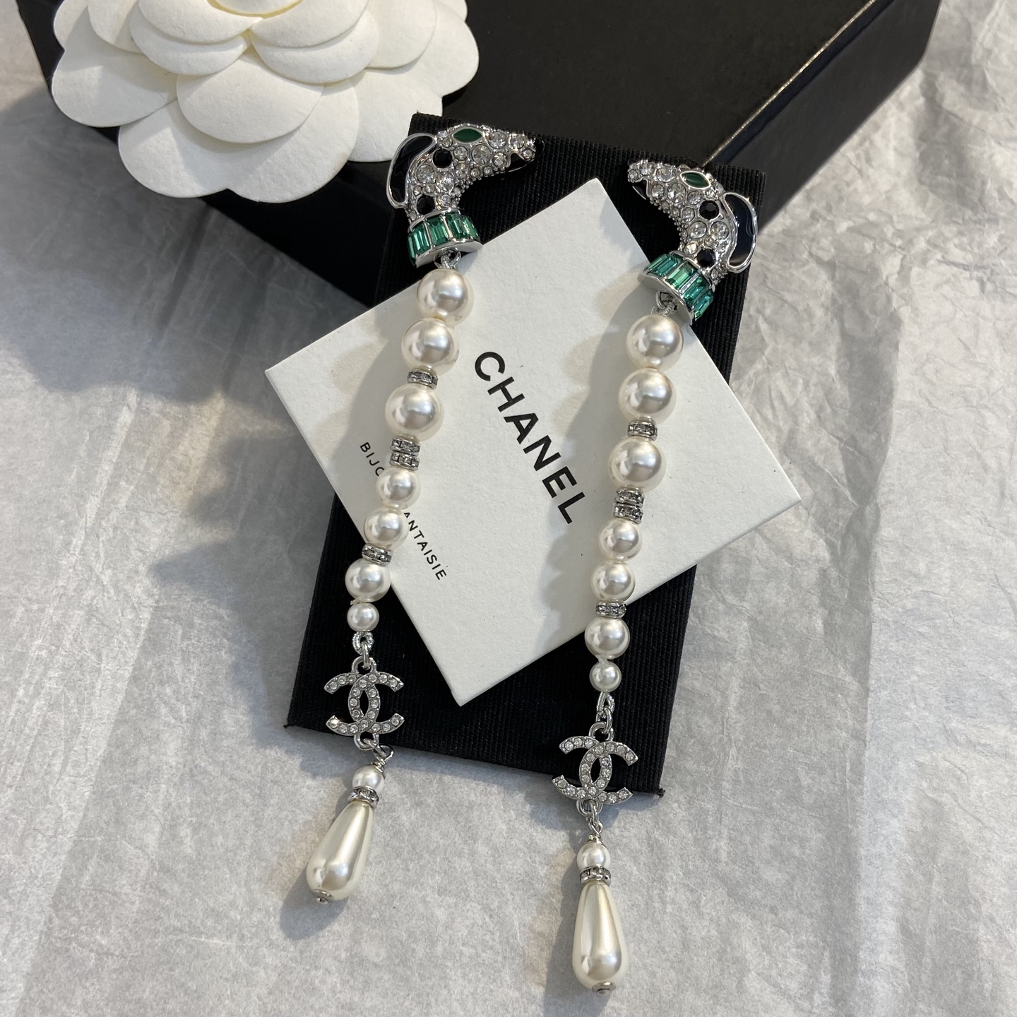 Chanel Dalmatian Long Tassel CC Drop Earrings earrings Silver-tone metal white faux pearls clear crystals green gemstone accents black enamel details Approximately 9cm total drop length