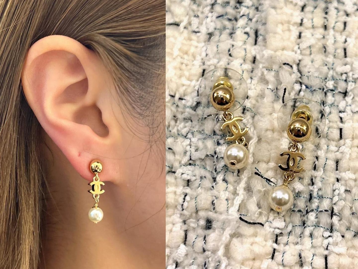 Chanel CC Logo Pearl Drop Earrings earrings Gold-tone metal with cream white faux pearls One Size drop length approximately 2 5cm