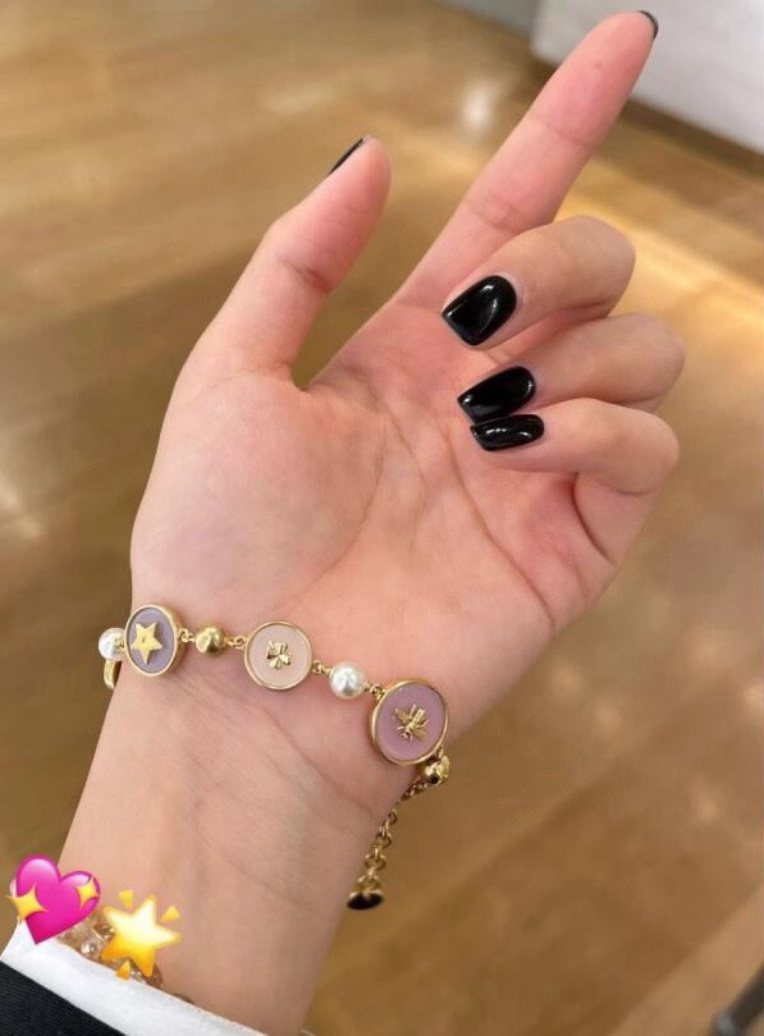 Dior Colorful Small Circle Lucky Charm Bracelet bracelet Gold-tone metal with white faux pearls multicolor enamel sage green dusty rose peach plum and gold-tone charms heart bee CD logo clover star 18cm with 5cm extension chain