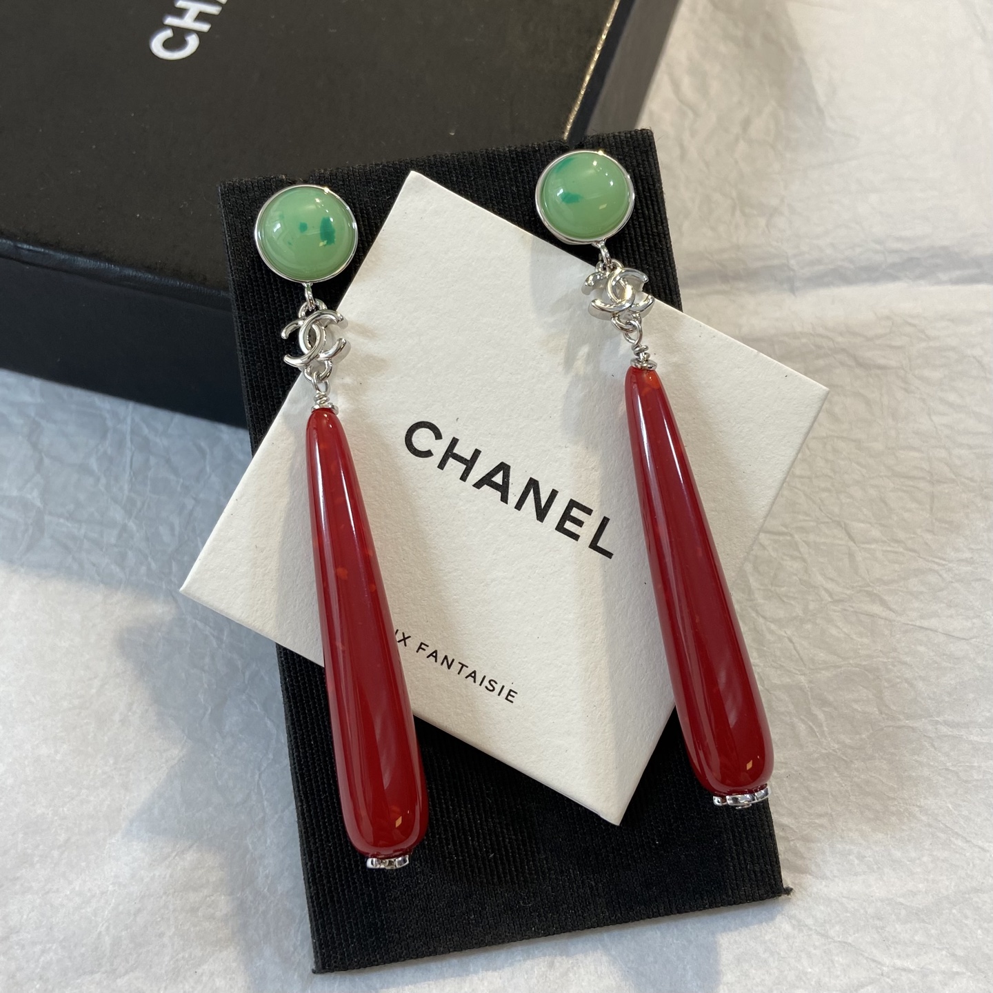 Chanel CC Logo Bijoux Fantaisie Long Drop Earrings earrings silver tone metal light green cabochon deep red resin drop 7cm drop length