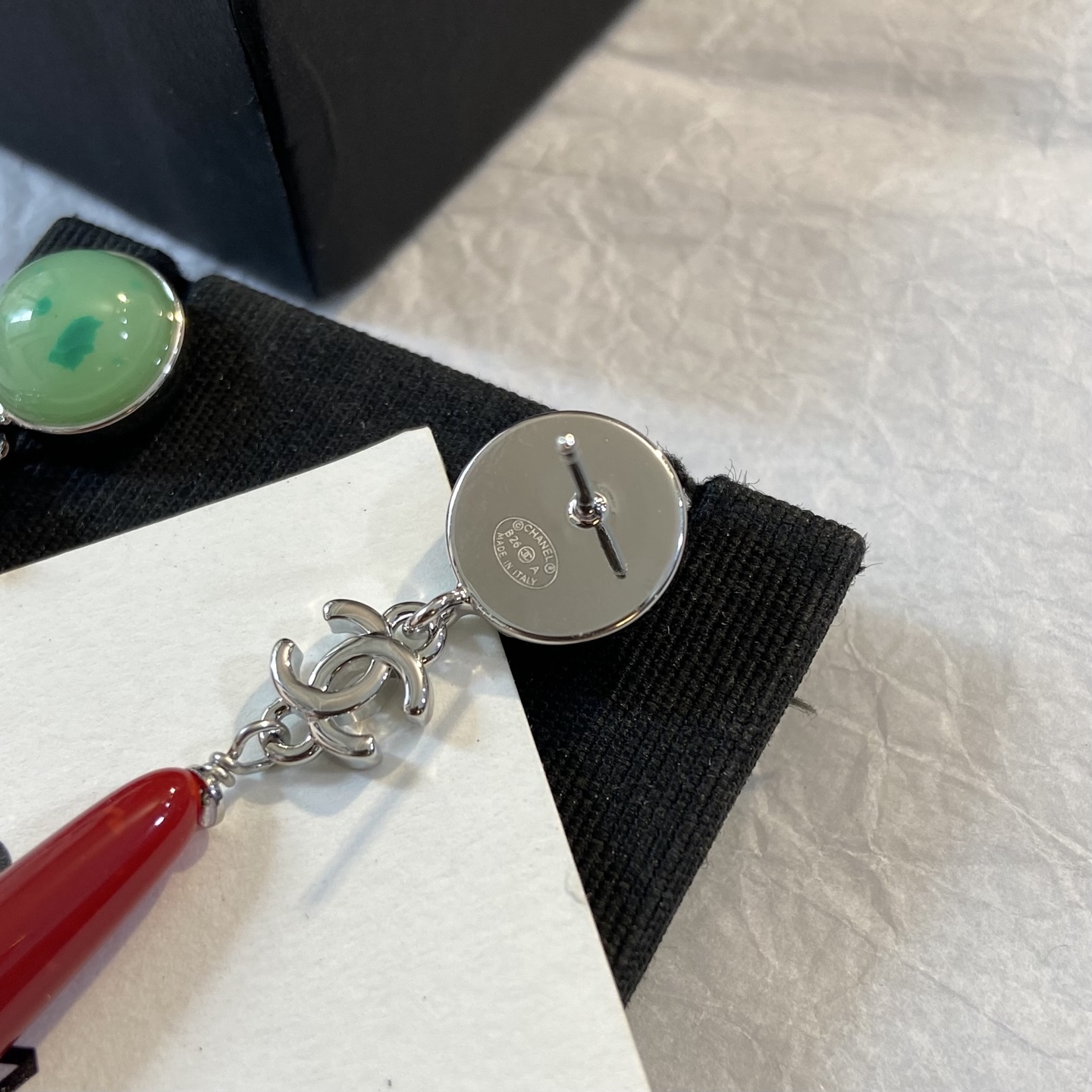 Chanel CC Logo Bijoux Fantaisie Long Drop Earrings earrings silver tone metal light green cabochon deep red resin drop 7cm drop length