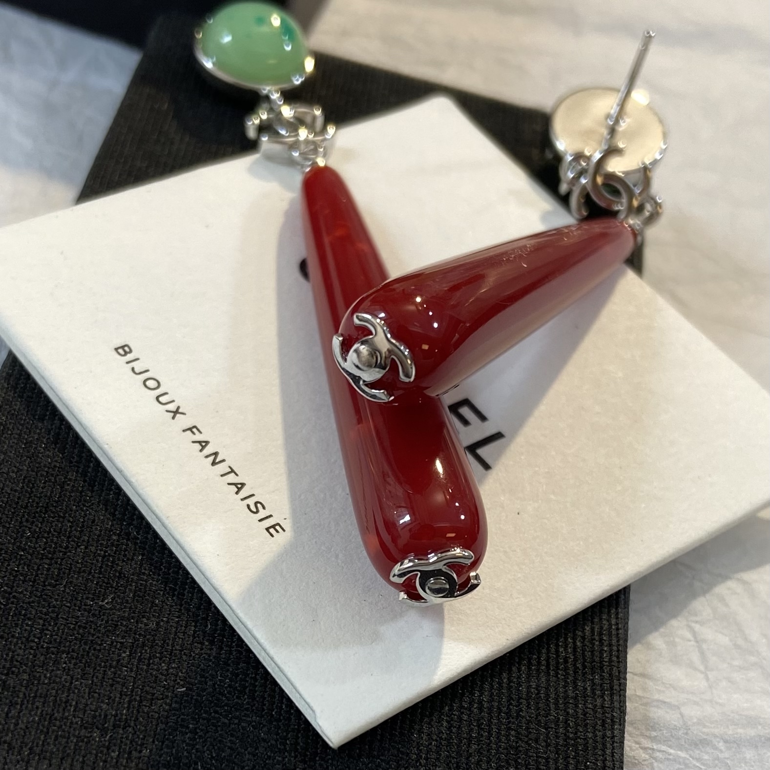 Chanel CC Logo Bijoux Fantaisie Long Drop Earrings earrings silver tone metal light green cabochon deep red resin drop 7cm drop length