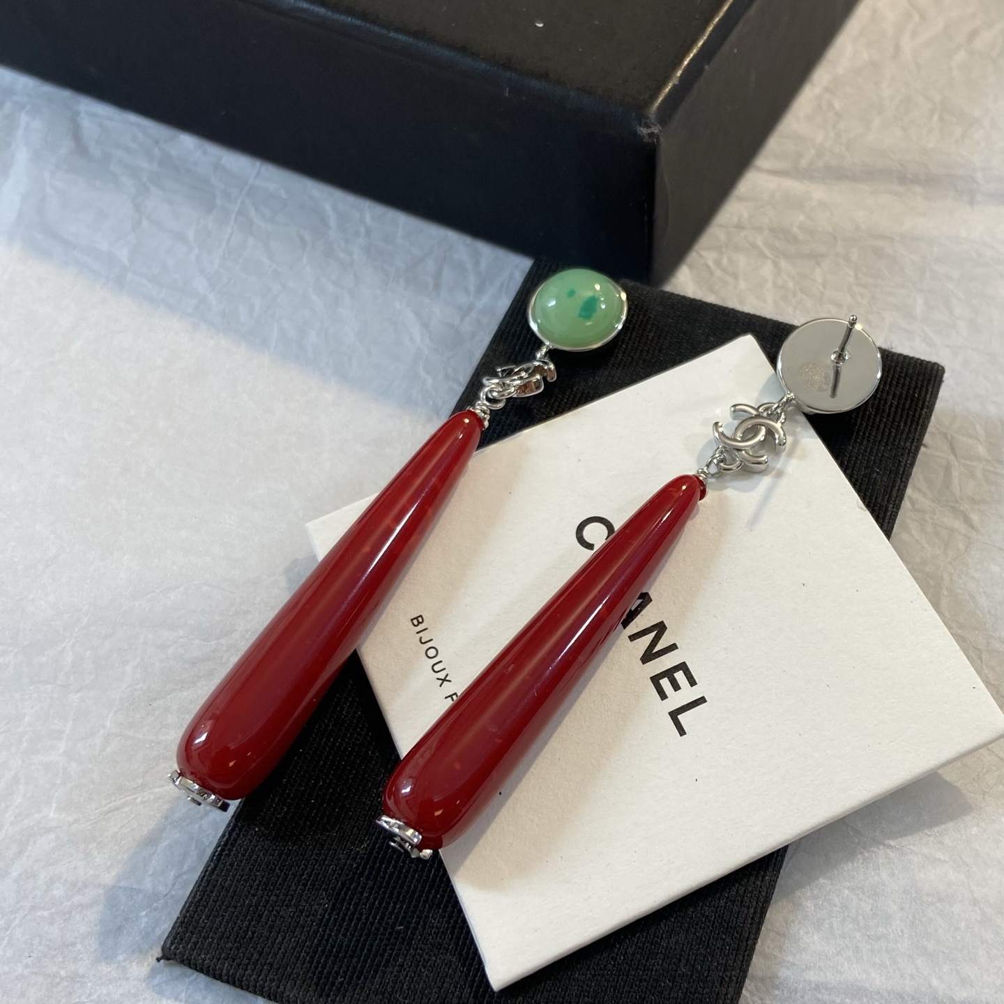 Chanel CC Logo Bijoux Fantaisie Long Drop Earrings earrings silver tone metal light green cabochon deep red resin drop 7cm drop length