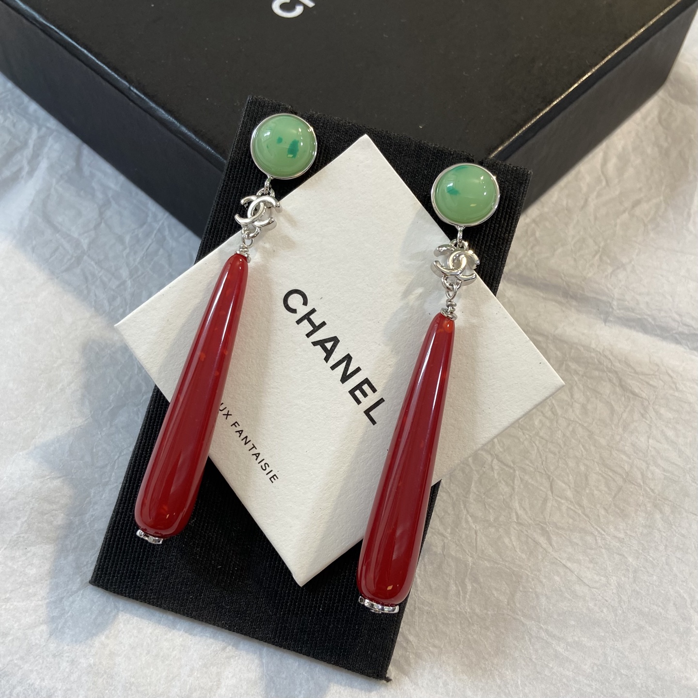 Chanel CC Logo Bijoux Fantaisie Long Drop Earrings earrings silver tone metal light green cabochon deep red resin drop 7cm drop length