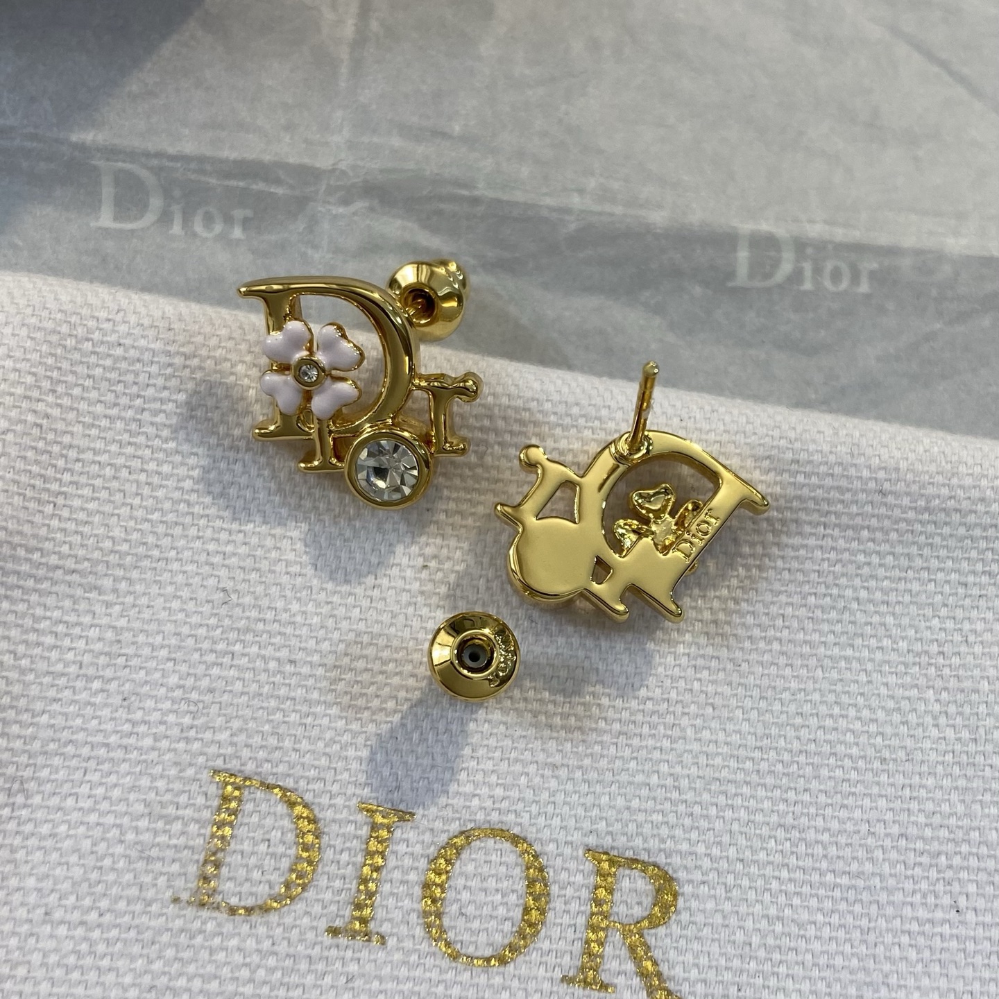 Dior Floral Letter Clover Stud Earrings earrings Gold-tone metal with clear crystals green enamel clover and white enamel clover accents One Size