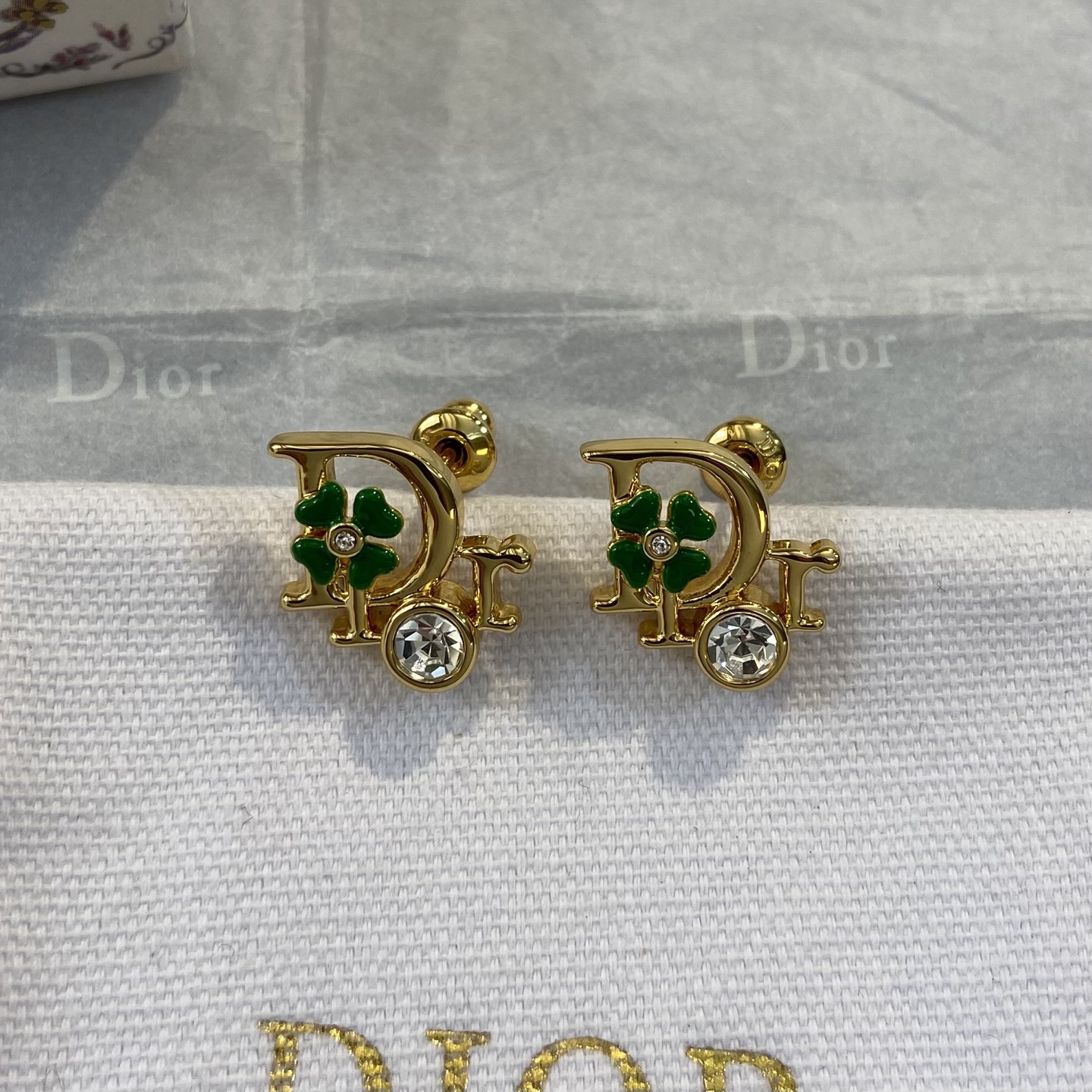 Dior Floral Letter Clover Stud Earrings earrings Gold-tone metal with clear crystals green enamel clover and white enamel clover accents One Size