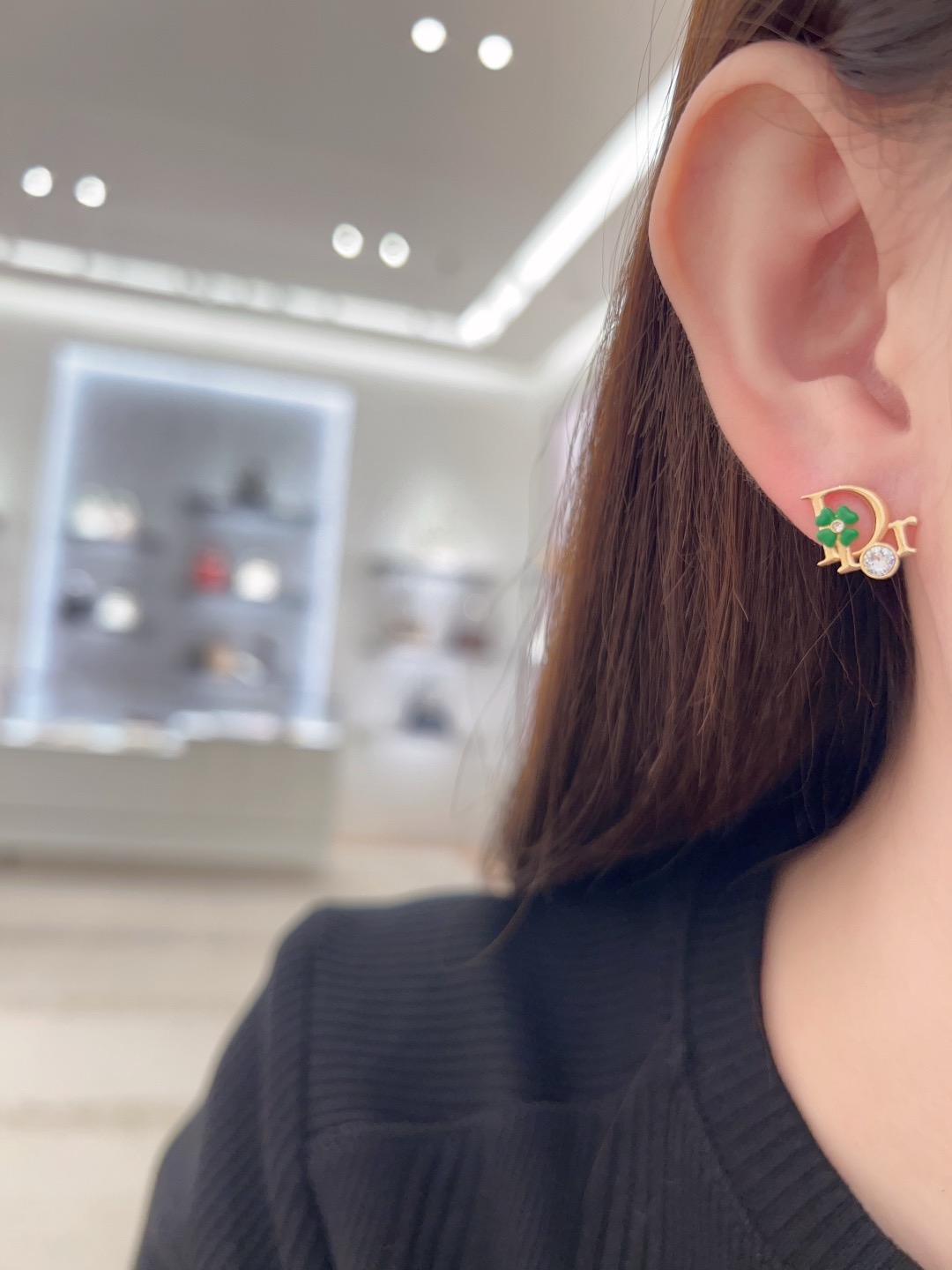 Dior Floral Letter Clover Stud Earrings earrings Gold-tone metal with clear crystals green enamel clover and white enamel clover accents One Size