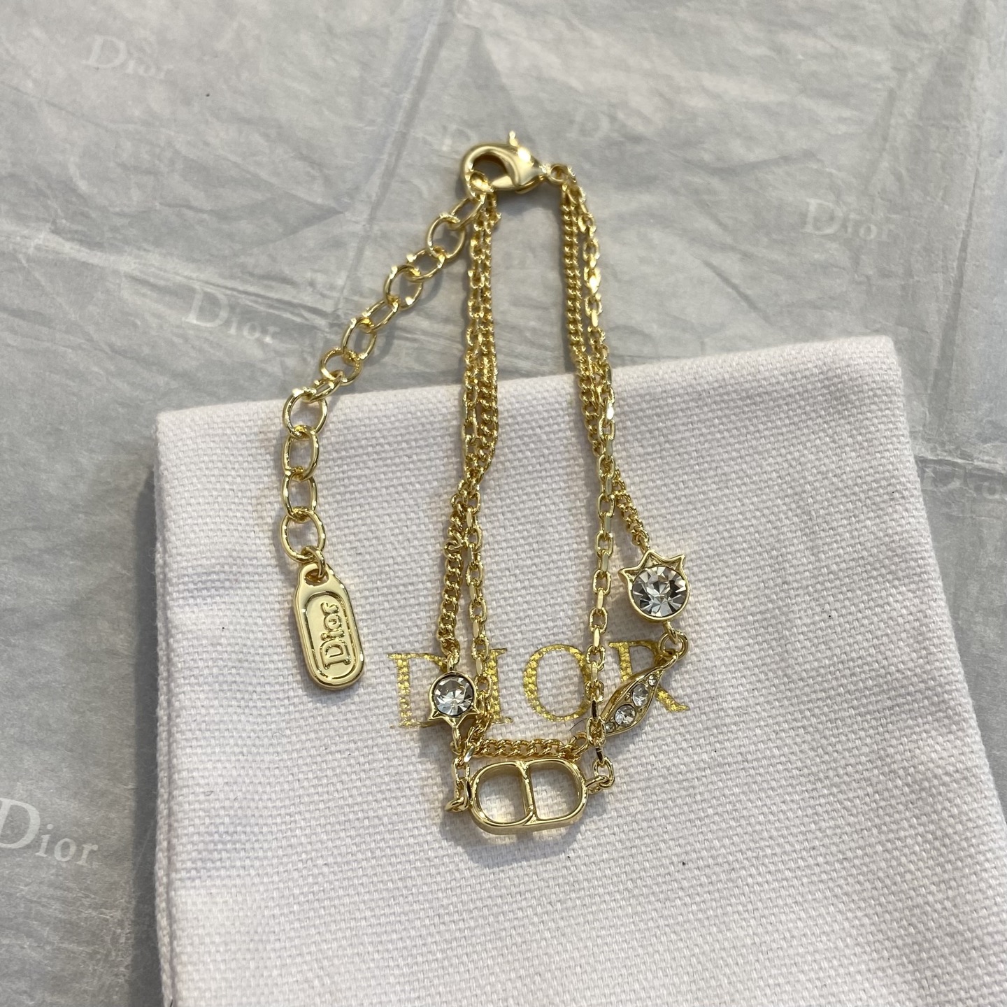 Dior CD Crystal Charm Double Chain Bracelet bracelet gold-tone metal with clear faceted crystals 16cm with 3cm extender