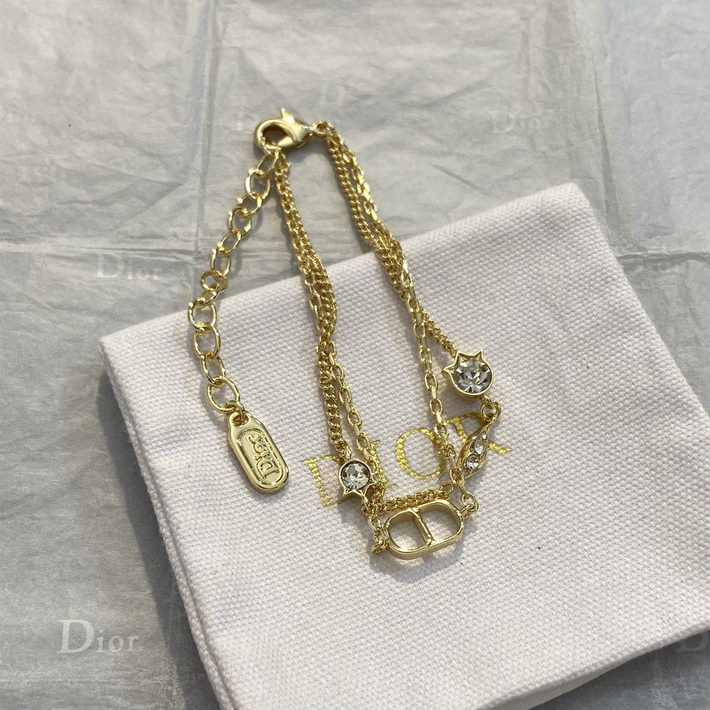 Dior CD Crystal Charm Double Chain Bracelet bracelet gold-tone metal with clear faceted crystals 16cm with 3cm extender